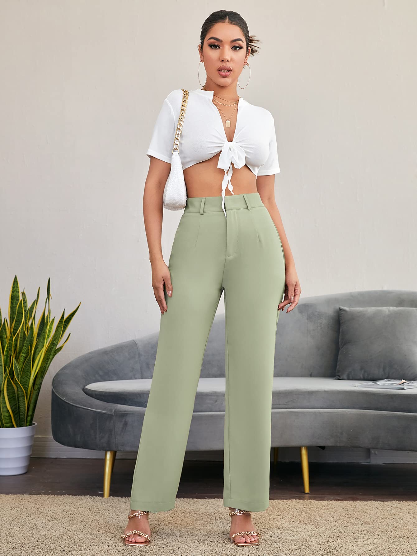 SweatyRocks Women's High Waist Solid Color Office Pants - Elegant Professional Trousers for Work, Business & Formal Occasions