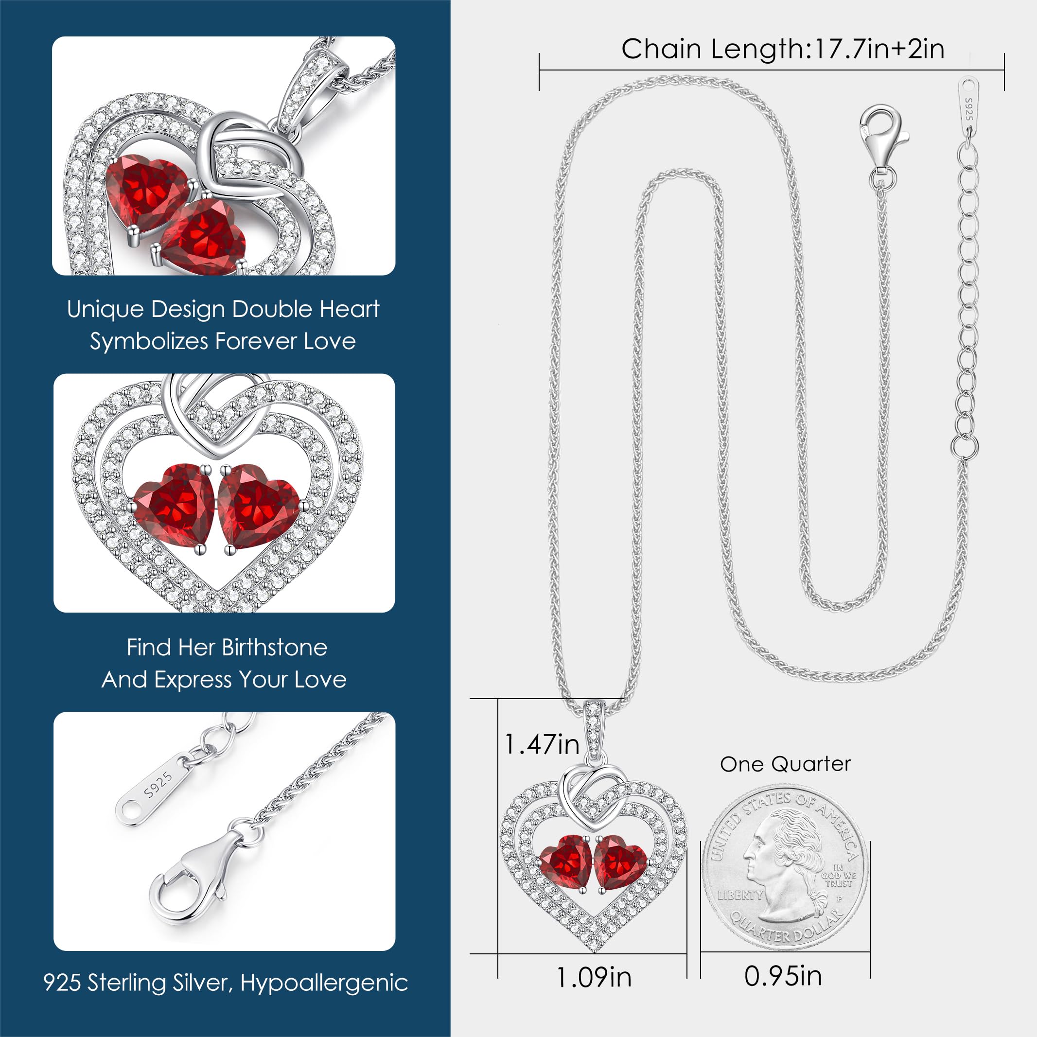 Sparkling Double Heart Birthstone Necklace for Women - 925 Sterling Silver Pendant Jewelry - Perfect Birthday, Anniversary, Christmas Gift for Wife, Mom, Girlfriend - Elegant Everyday Wear & Special Occasions