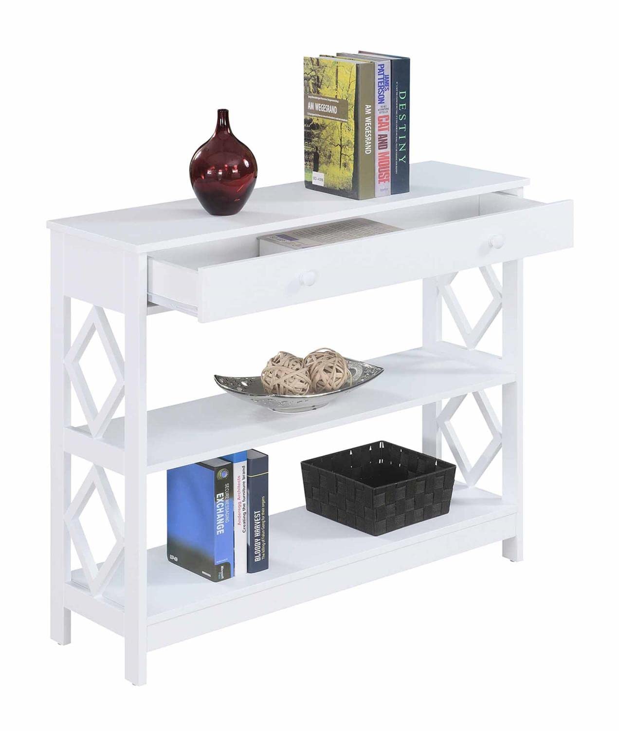 Convenience Concepts Diamond 1 Drawer Console Table - White Entryway Sofa Table with Storage for Living Room, Hallway & Bedroom Decor