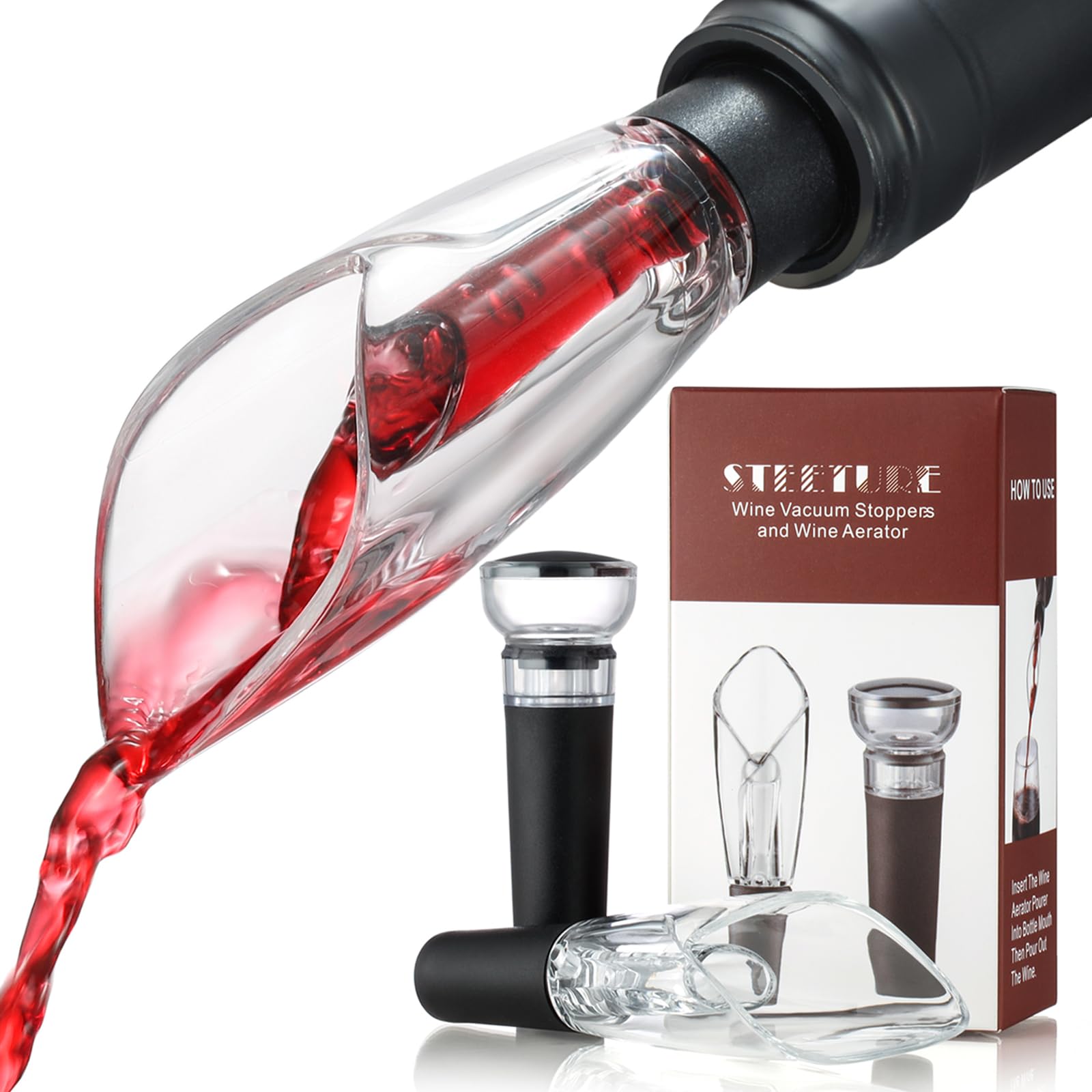 Premium Wine Aerator Pourer Spout & Vacuum Pump Stopper Set - Enhances Flavor & Aroma, No Drip No Spill - Perfect for Red Wine Decanting, Gift Accessories & Bottle Preservation (Great for Dinner Parties & Wine Tasting Events)