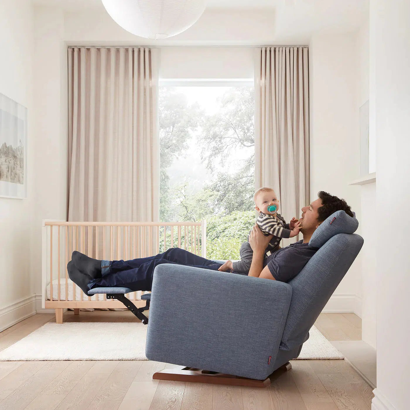 Monte Design Quick Ship Grano Glider Recliner in Dune with Matte Gold Base - Modern Nursery Glider for Breastfeeding & Relaxing in Baby Room