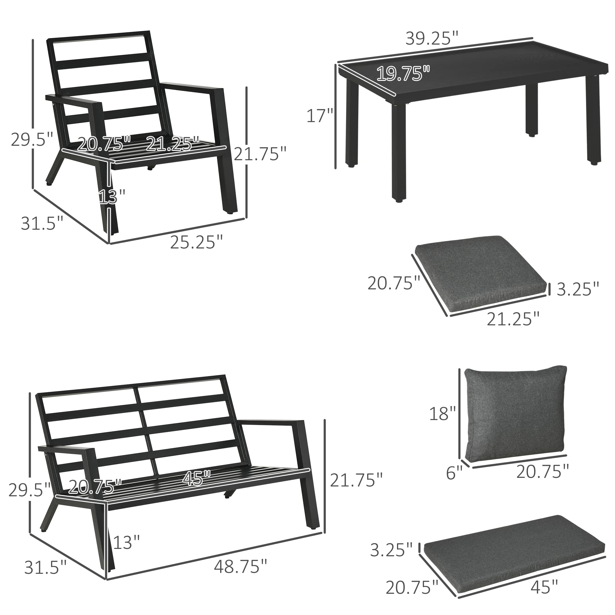 **Outsunny 4-Piece Patio Furniture Set - Outdoor Conversation Set with 2 Armchairs, Loveseat, Coffee Table & Cushions - Perfect for Backyard, Poolside, Garden, Lawn, or Balcony - Black**    *(Ideal for Relaxing, Entertaining, or Lounging in Your Outdoor Space)*