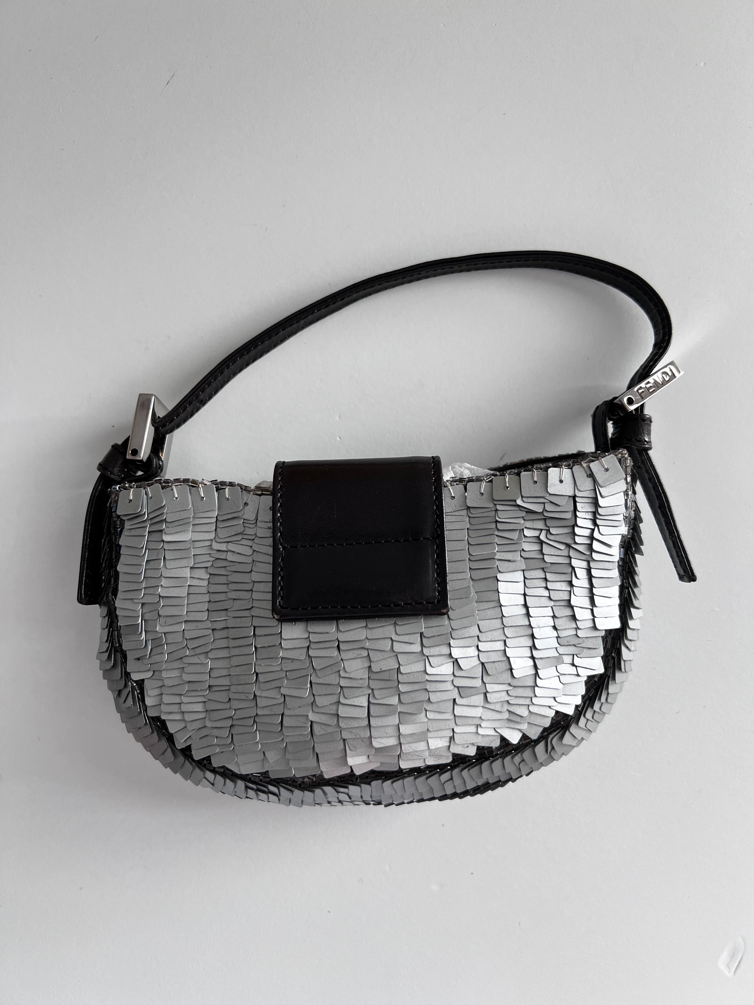 Vintage Fendi Silver Sequin Croissant Bag - Luxury Evening Clutch for Parties, Weddings & Special Occasions