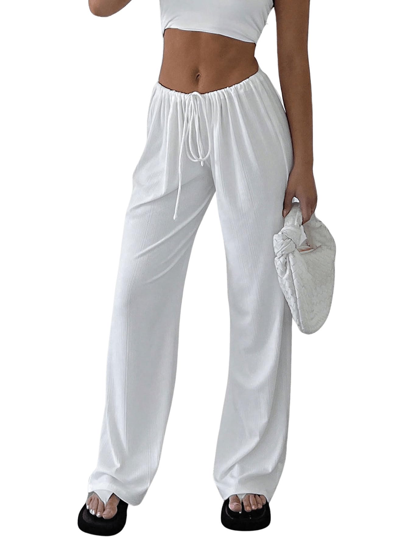 SOLY HUX Women's High Waist Elastic Drawstring Wide Leg Pants - Casual Loose Long Trousers for Lounge, Yoga, Travel & Everyday Wear