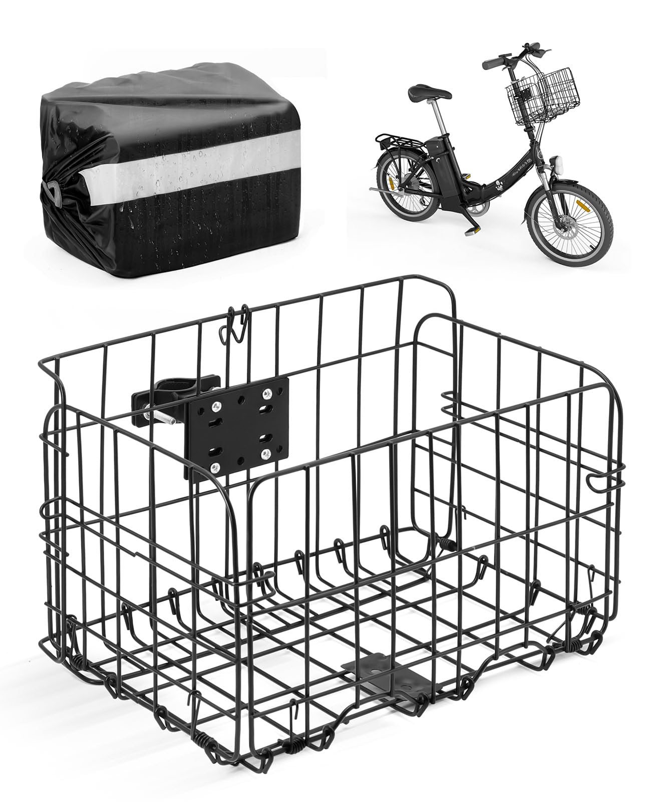 ANZOME Folding Bike Basket - Waterproof Metal Front Basket with Holder for Electric Bicycles - Perfect for Commuting & Shopping