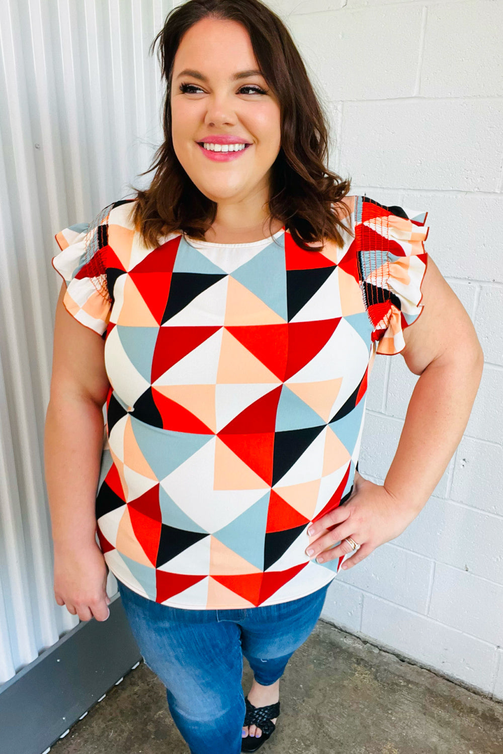 Stylish Burnt Orange Geo Print Smocked Ruffle Sleeve Blouse for Women | Trendy Casual & Party Wear | Perfect for Date Nights, Office Outfits & Summer Fashion