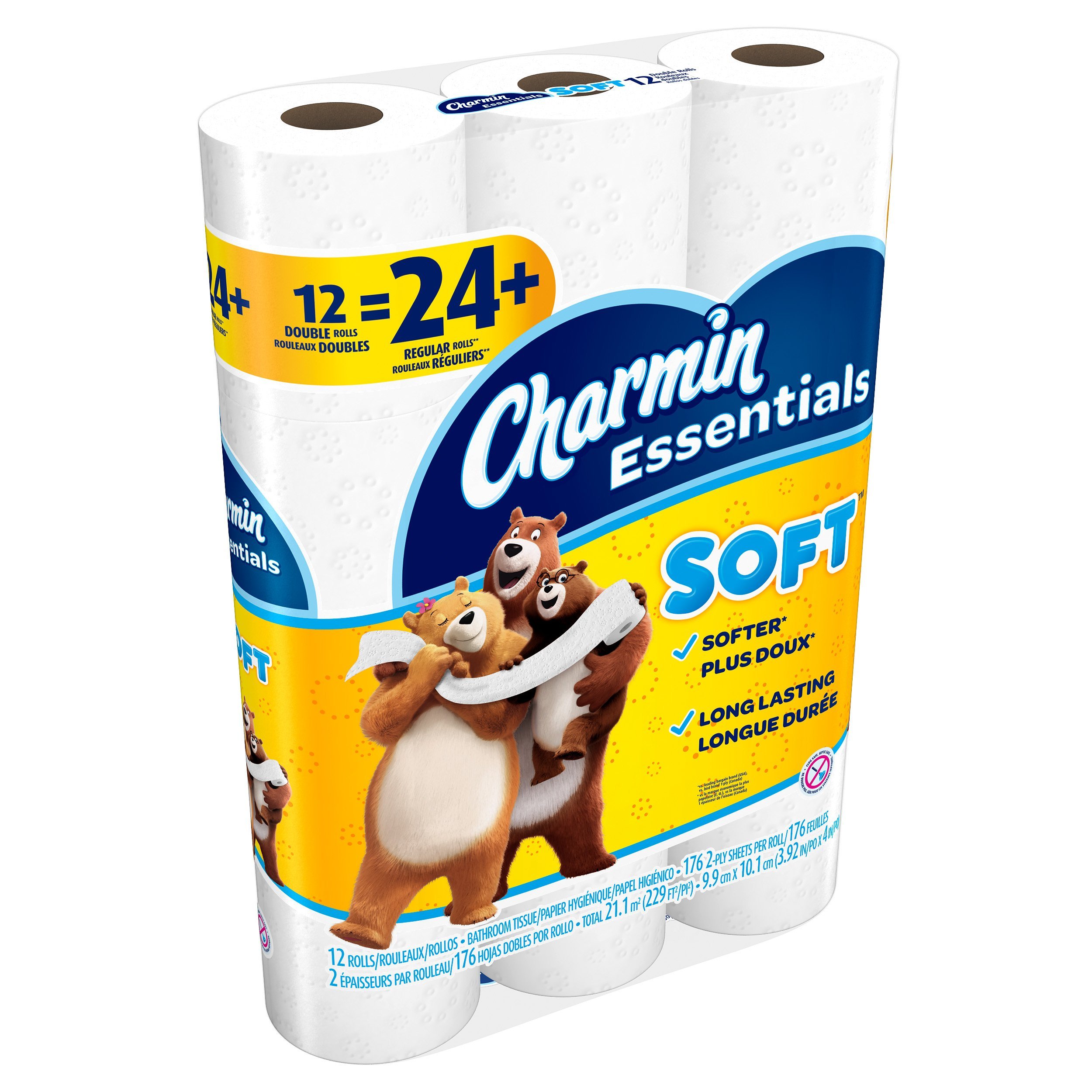Charmin Essentials Soft Toilet Paper - 12 Double Rolls (24 Regular Rolls) for Bathroom, Home & Office Use