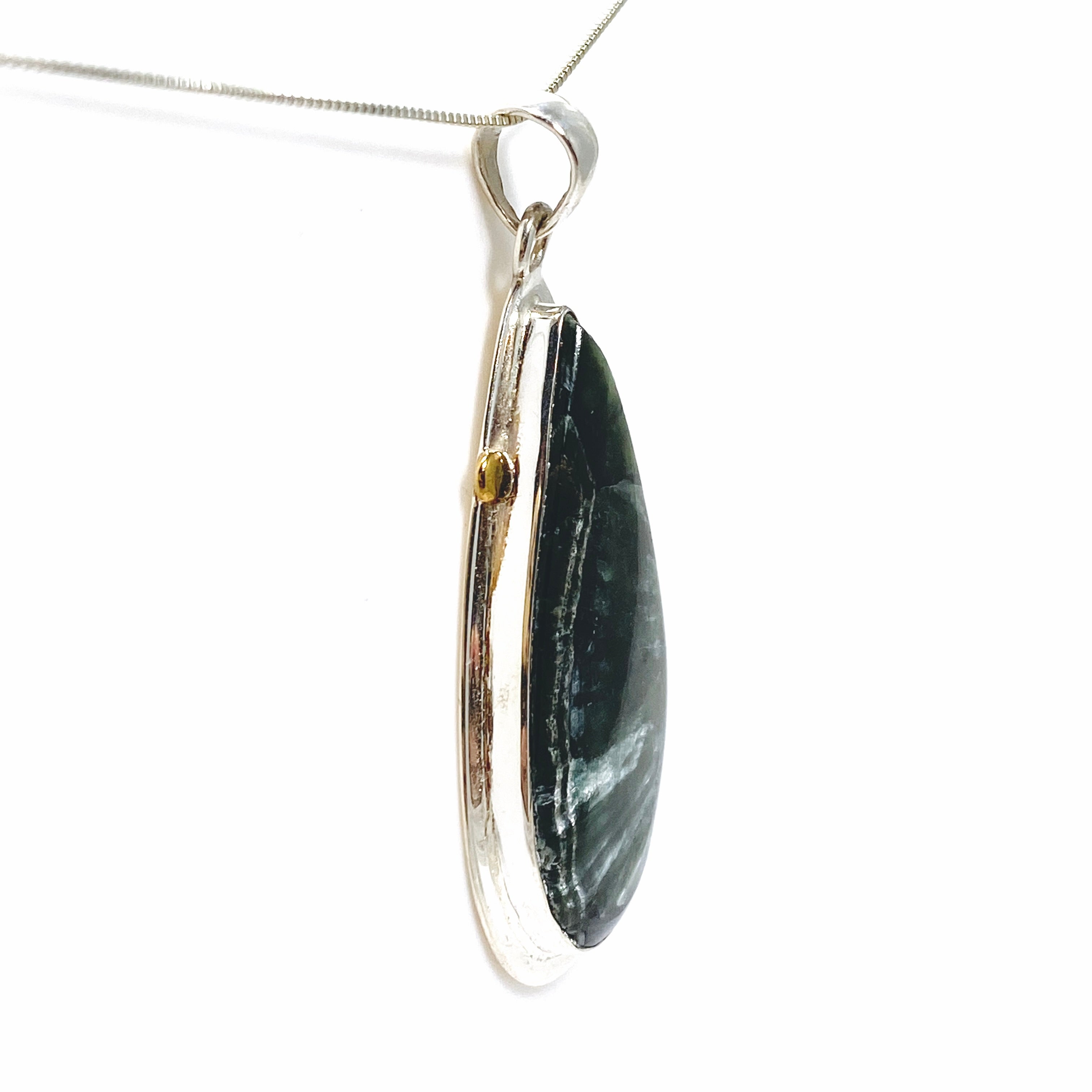 Seraphinite Teardrop Cabochon Pendant Necklace - 925 Sterling Silver Decorative Setting KPGJ4843 | Healing Crystal Jewelry for Meditation & Spiritual Gifts