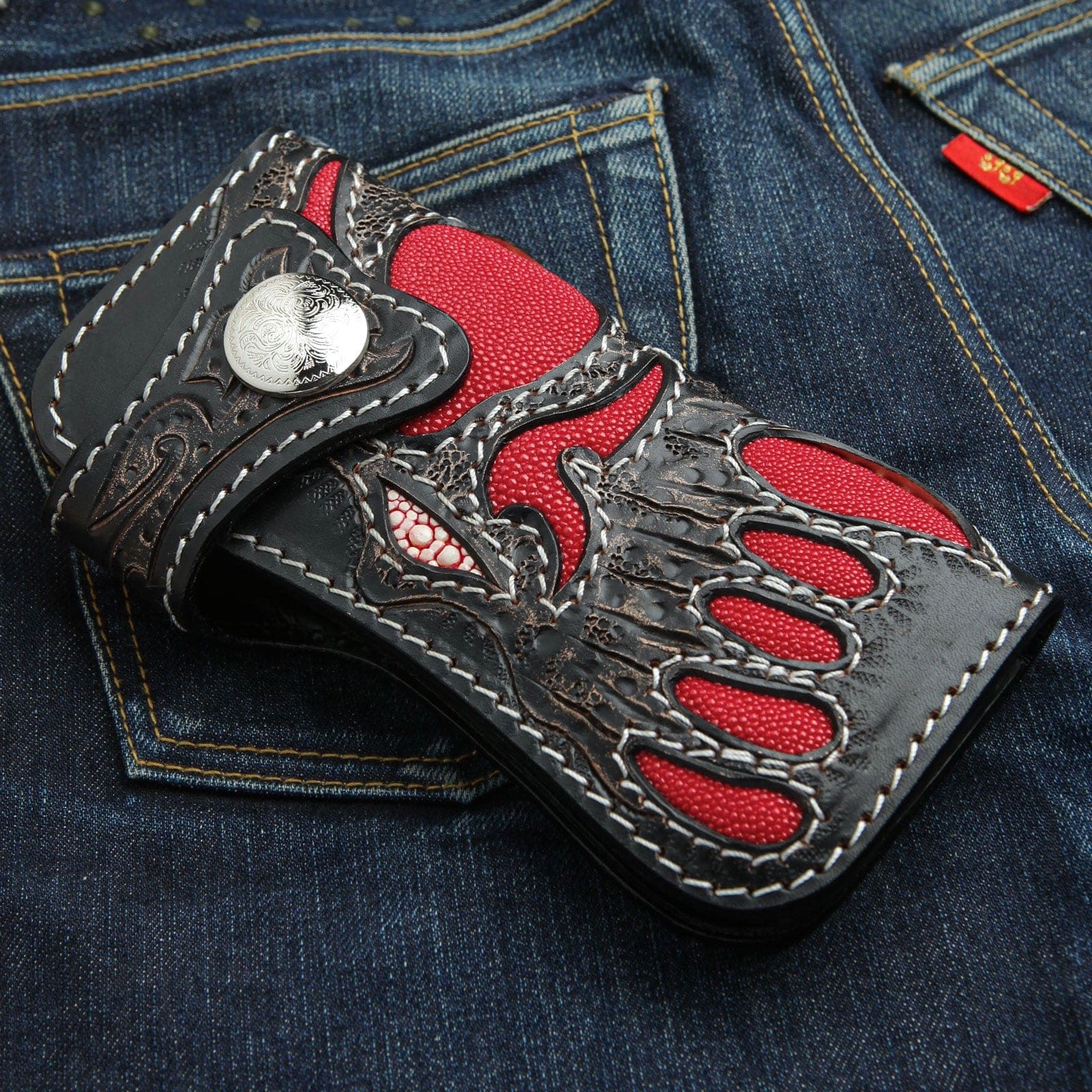Handcrafted Red Demon Stingray Leather Biker Wallet - Genuine Exotic Leather Money Clip Wallet for Men - Perfect for Motorcycle Riders, Bikers & Gift Giving
