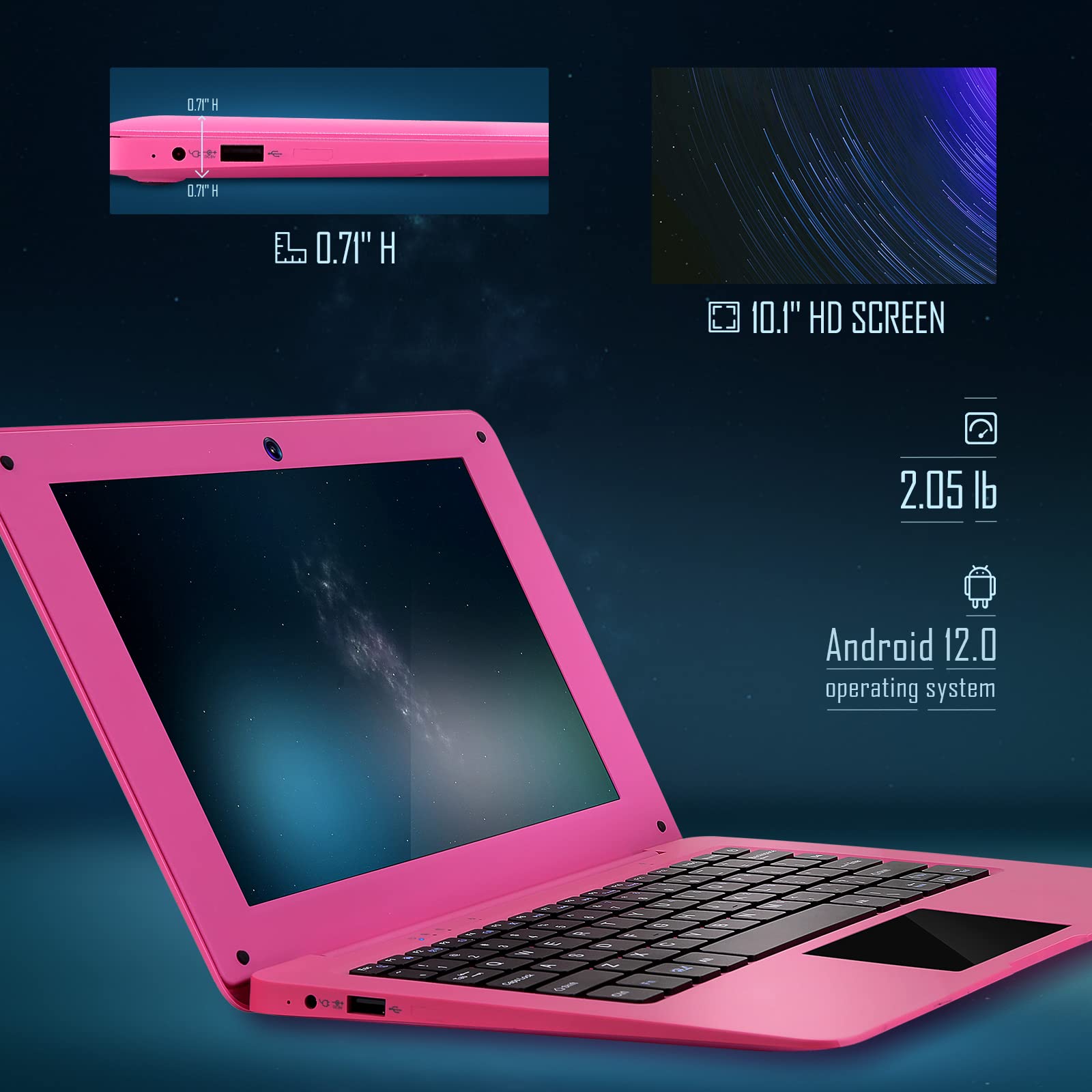 10.1 Inch Quad Core Android 12.0 Laptop with WiFi, Webcam & Bluetooth - Pink Mini Netbook for Kids & Adults, Includes Bag, Mouse & Mouse Pad, Perfect for Home, School & Travel