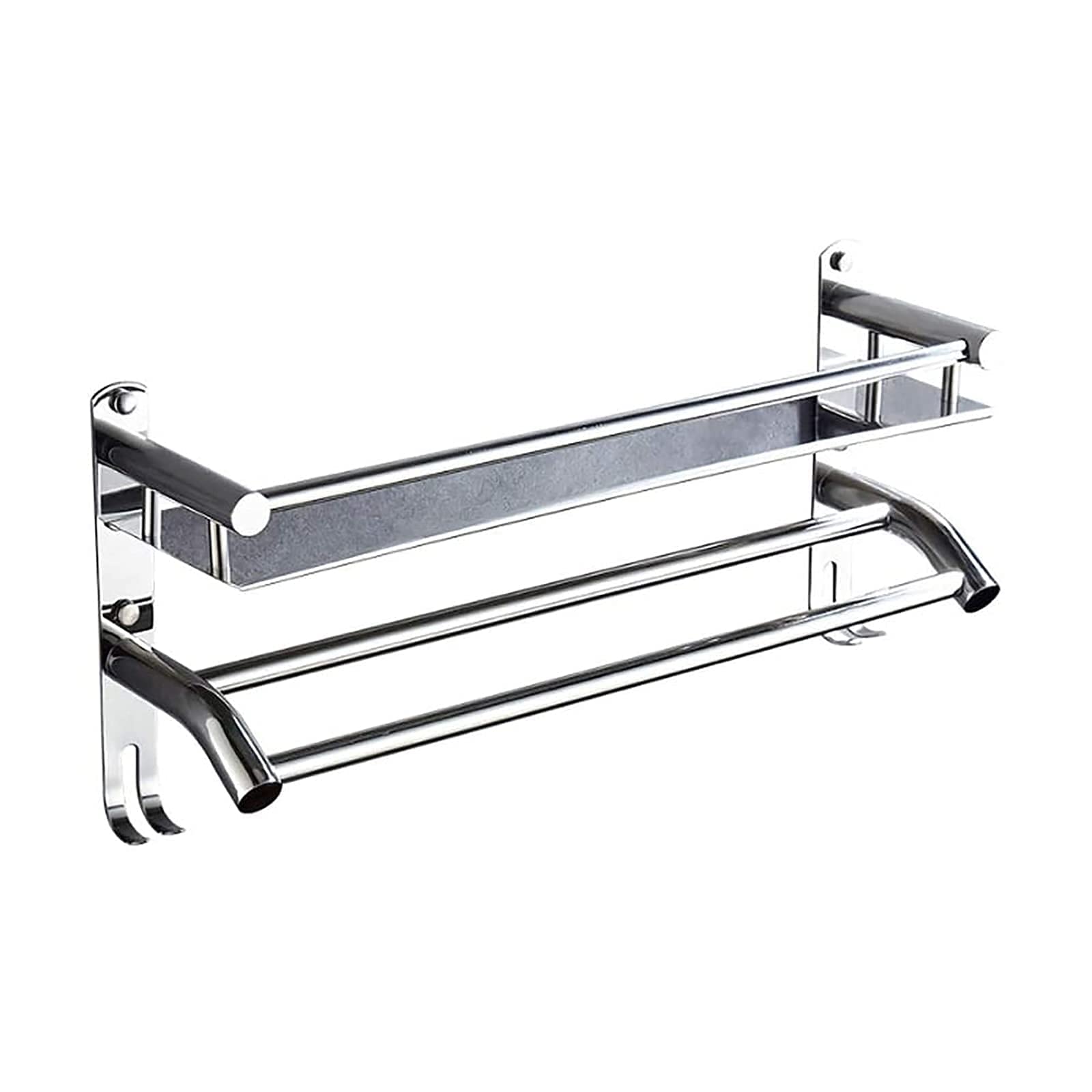 2-Tier Chrome Wall Mounted Bathroom Towel Holder with Hooks - 60cm Space Saving Towel Rack for Bath, Kitchen & Laundry Room Organization