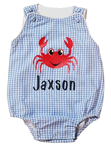 Personalized Crab Romper for Baby Boys - Blue Check Nautical Design, Perfect for Beach Outings, Birthday Parties & Cake Smash Photos | Adorable Toddler Outfit