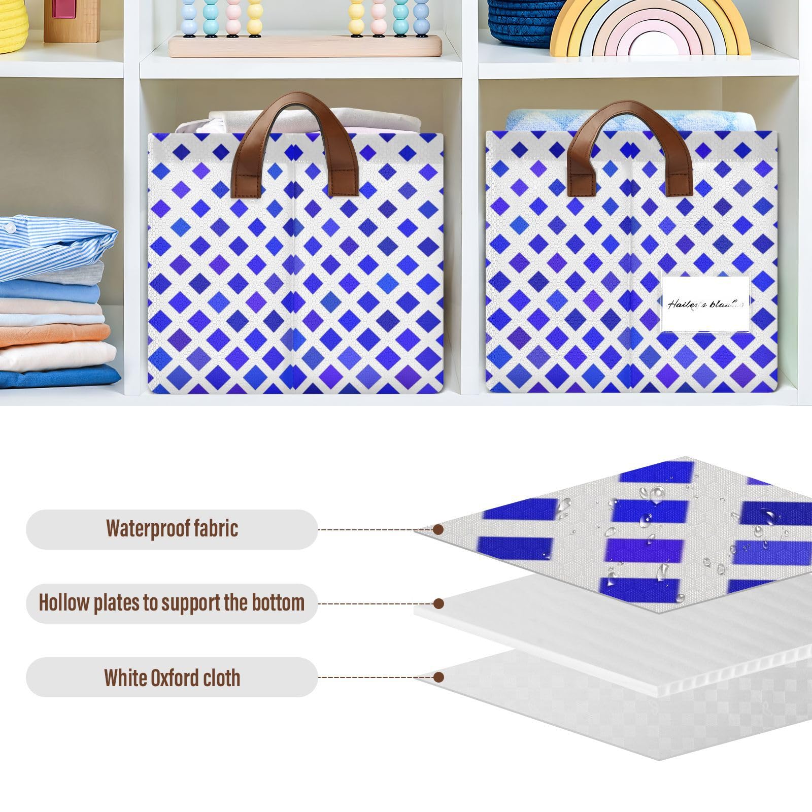 Blue Plaid Storage Baskets with Handles - 2 Pack for Closet, Playroom & Office