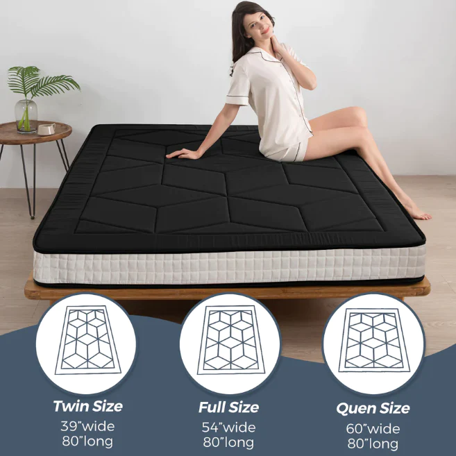 MAXYOYO Padded Japanese Floor Mattress - Black Foldable Roll Up Futon for Bedroom, Guest Room & Travel | Comfortable Floor Sleeping Mat for Adults & Kids