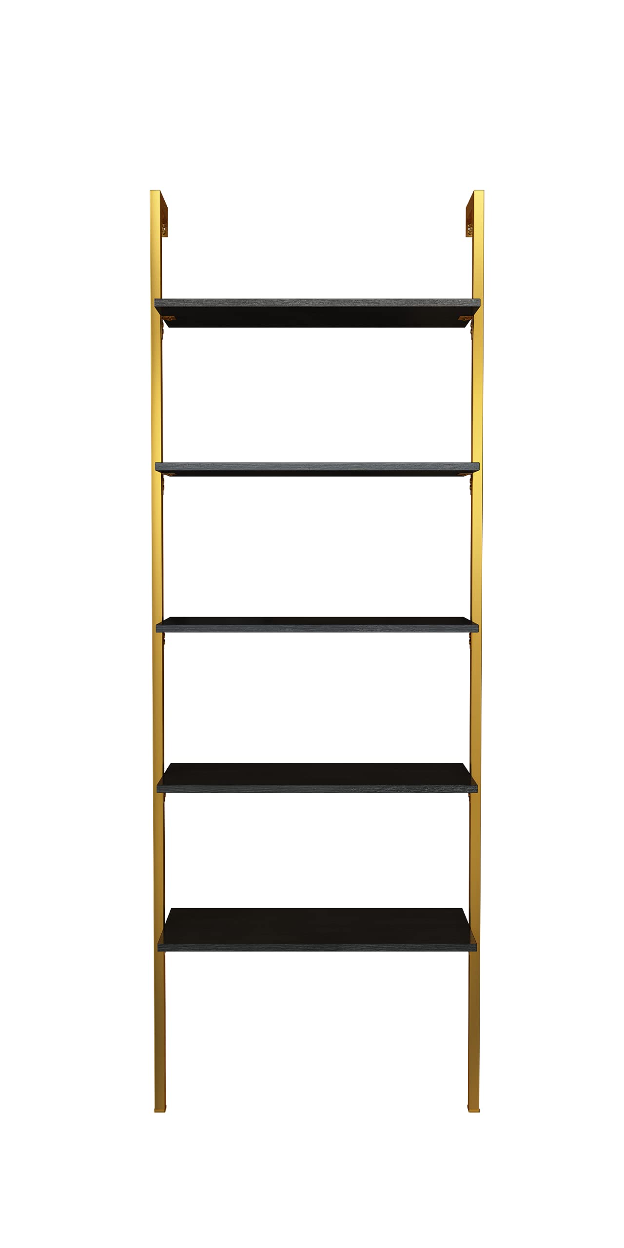 5-Tier Ladder Shelf - Wall Mount Bookshelf with Sturdy Metal Frame, Bookcase & Plant Display Rack for Home Office - Black & Gold Finish | Perfect for Organizing Books, Decor & Indoor Plants in Living Room, Bedroom or Workspace