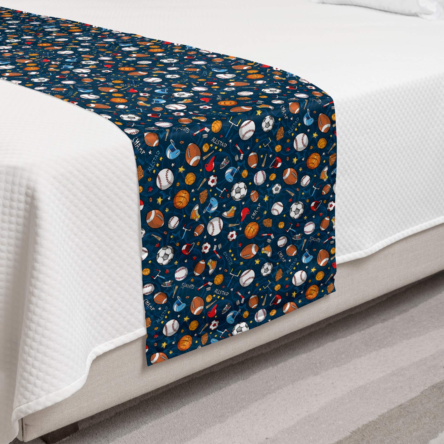 Ambesonne Sport Bed Runner - Basketball, Baseball & Football Champion Gloves Design on Dark Blue Multicolor Background - Decorative Bedding Scarf for Hotels, Homes & Guest Rooms | Perfect for Sports-Themed Bedrooms, Game Rooms & Fan Cave Decor