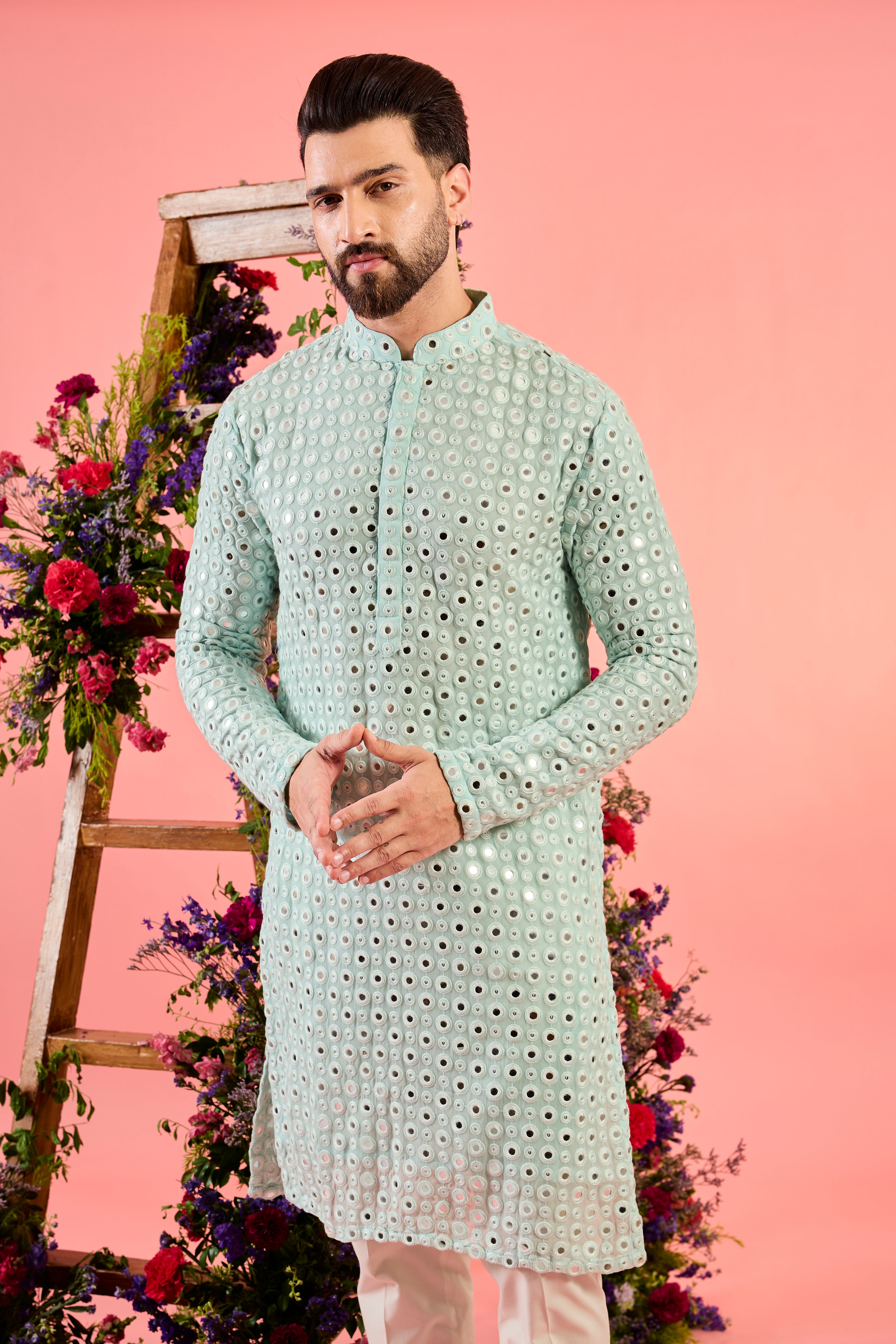 Ice Blue Classic Mirror Work Kurta - Traditional Indian Embroidered Tunic for Women - Perfect for Festivals, Weddings & Ethnic Occasions