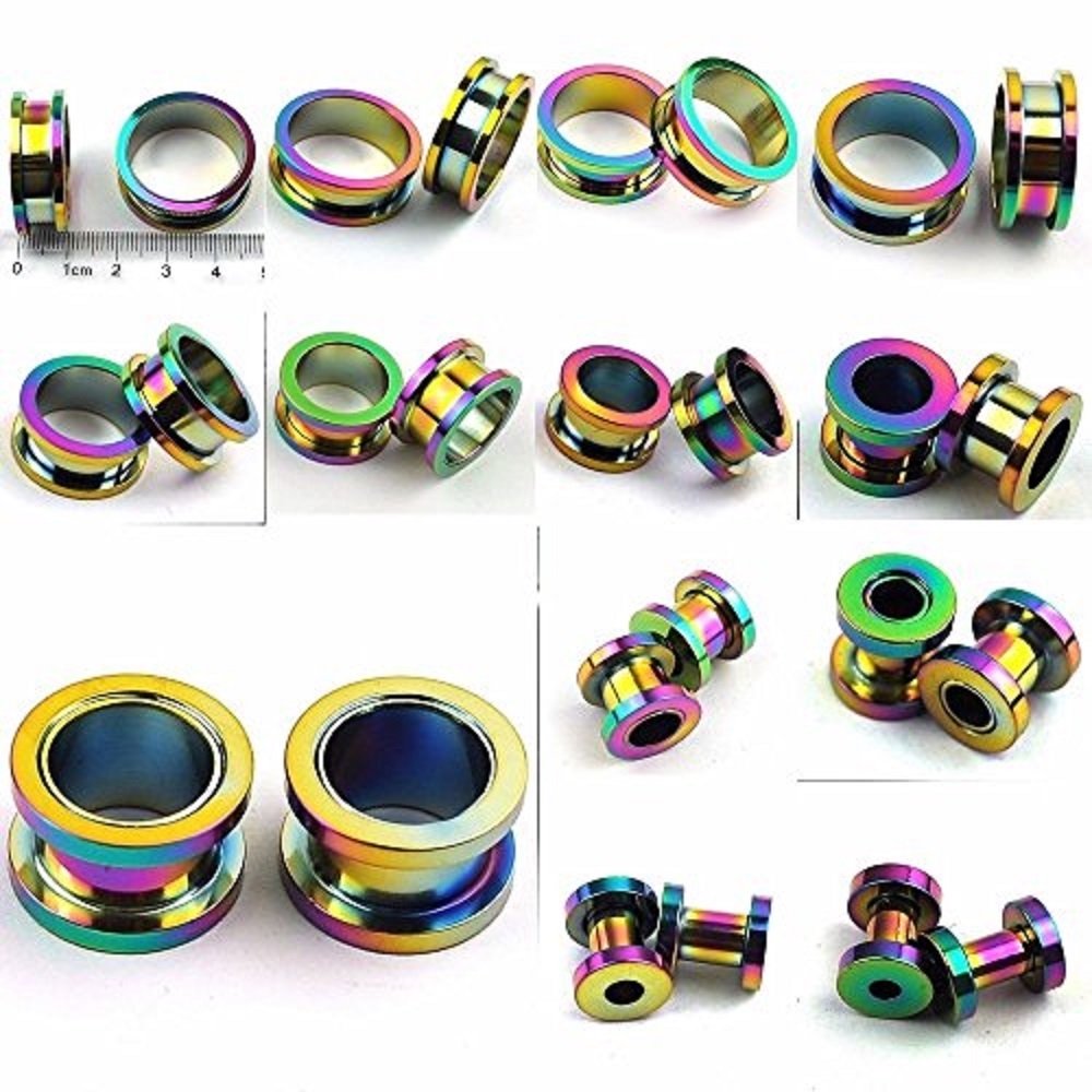 Oil Slick Multicolor Titanium Surgical Steel Screw-on Plugs & Gauges - 1 Pair (2 Pieces) - Perfect for Ear Stretching & Body Jewelry