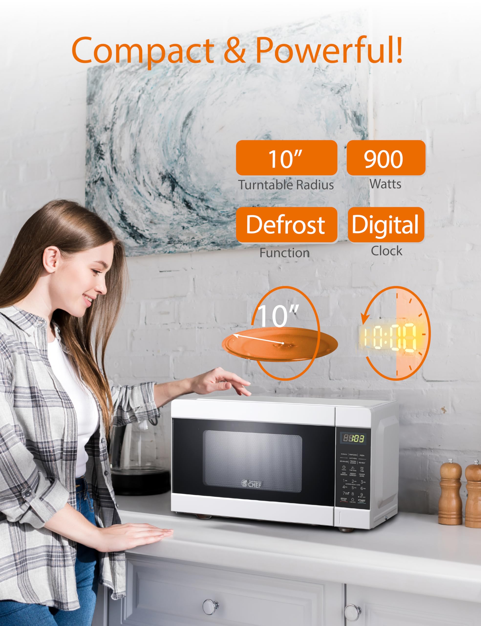Commercial CHEF CHM990W 900 Watt Countertop Microwave Oven - 0.9 Cu.Ft Compact White Microwave for Small Kitchen, Office, Dorm Room - Fast Heating & Defrosting with 10 Power Levels