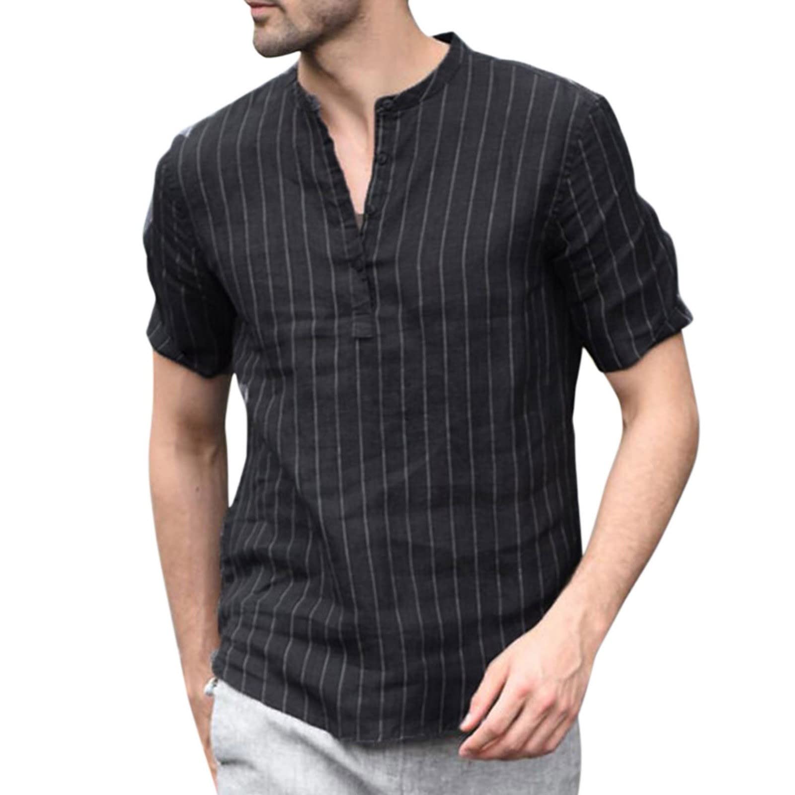 Men's Striped Button-Up Short Sleeve Shirts - Summer Casual Cotton Linen T-Shirts for Men | Perfect for Beach Outings, Weekend Wear & Summer Vacation