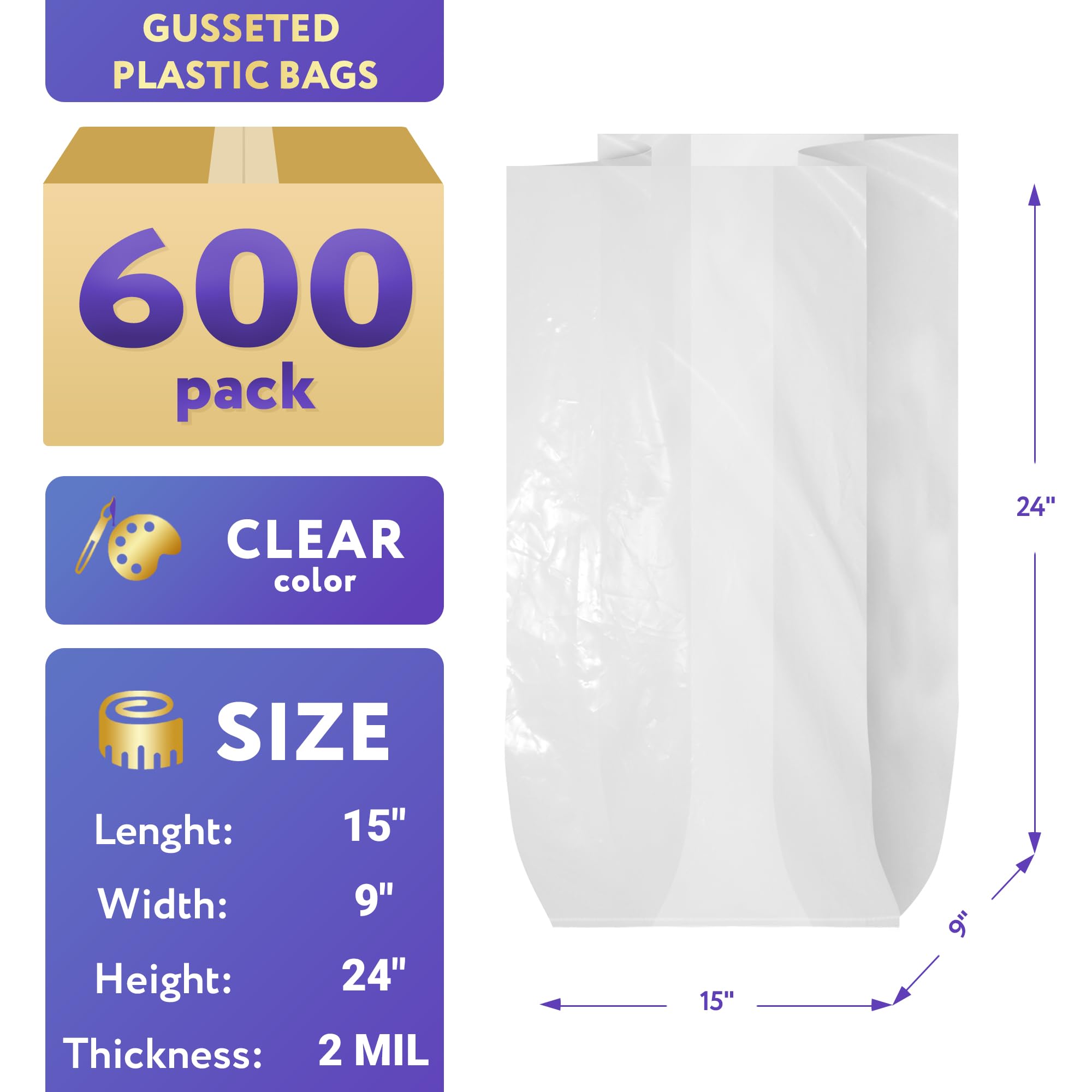 APQ Gusseted Plastic Bags for Food Storage - 15 x 9 x 24 Inches, 600 Pack - 2 Mil Thick Clear Poly Bags with Open End - Leak-Proof Produce Bags for Grocery, Gift Wrapping & Party Favors - Ideal for Supermarkets, Farmers Markets & Home Use