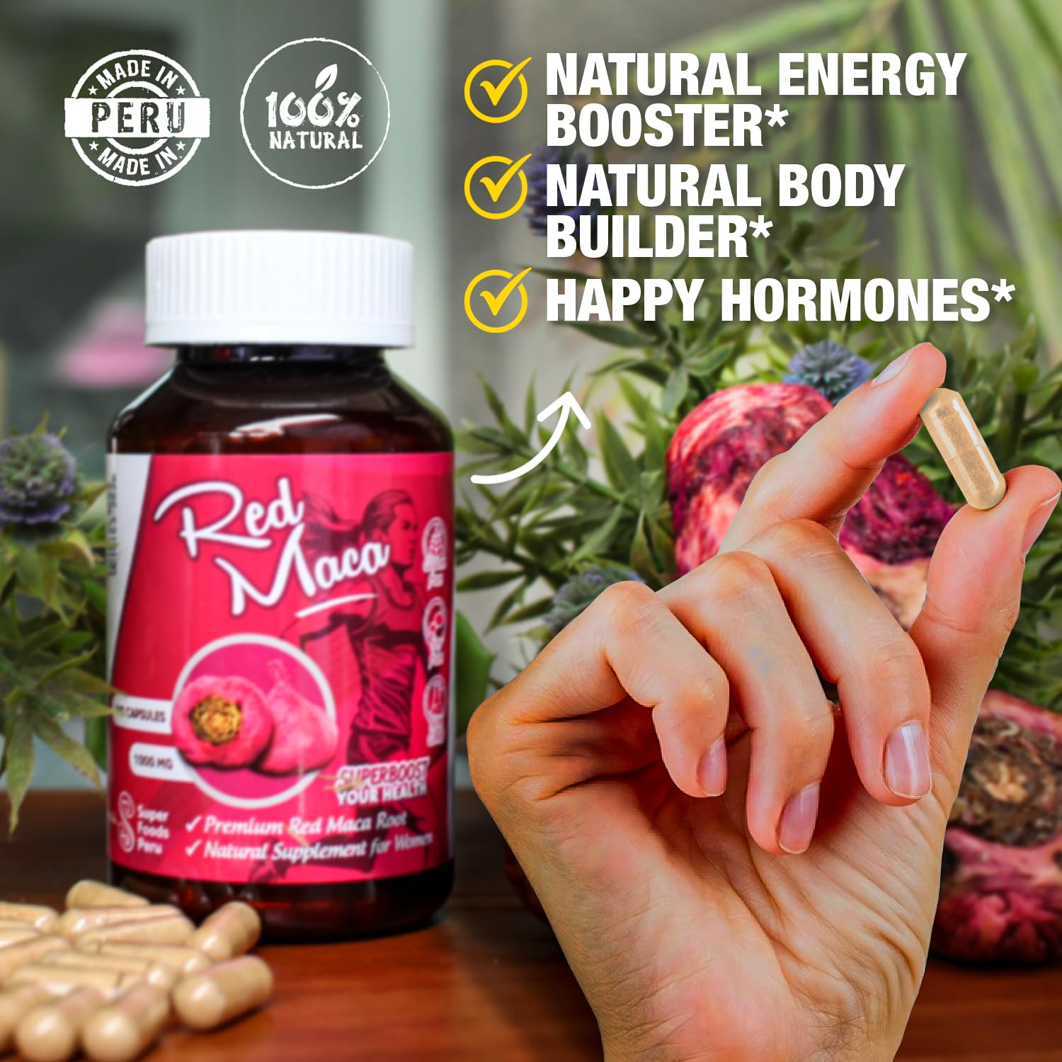Premium Organic Red Maca Root Extract Capsules 3000mg | 100% Natural Female Hormone Balance Supplement | Energy Booster & Vitality Support for Women | 100 Vegan Capsules | Perfect for Menopause Relief, Fertility Support & Daily Wellness Routine
