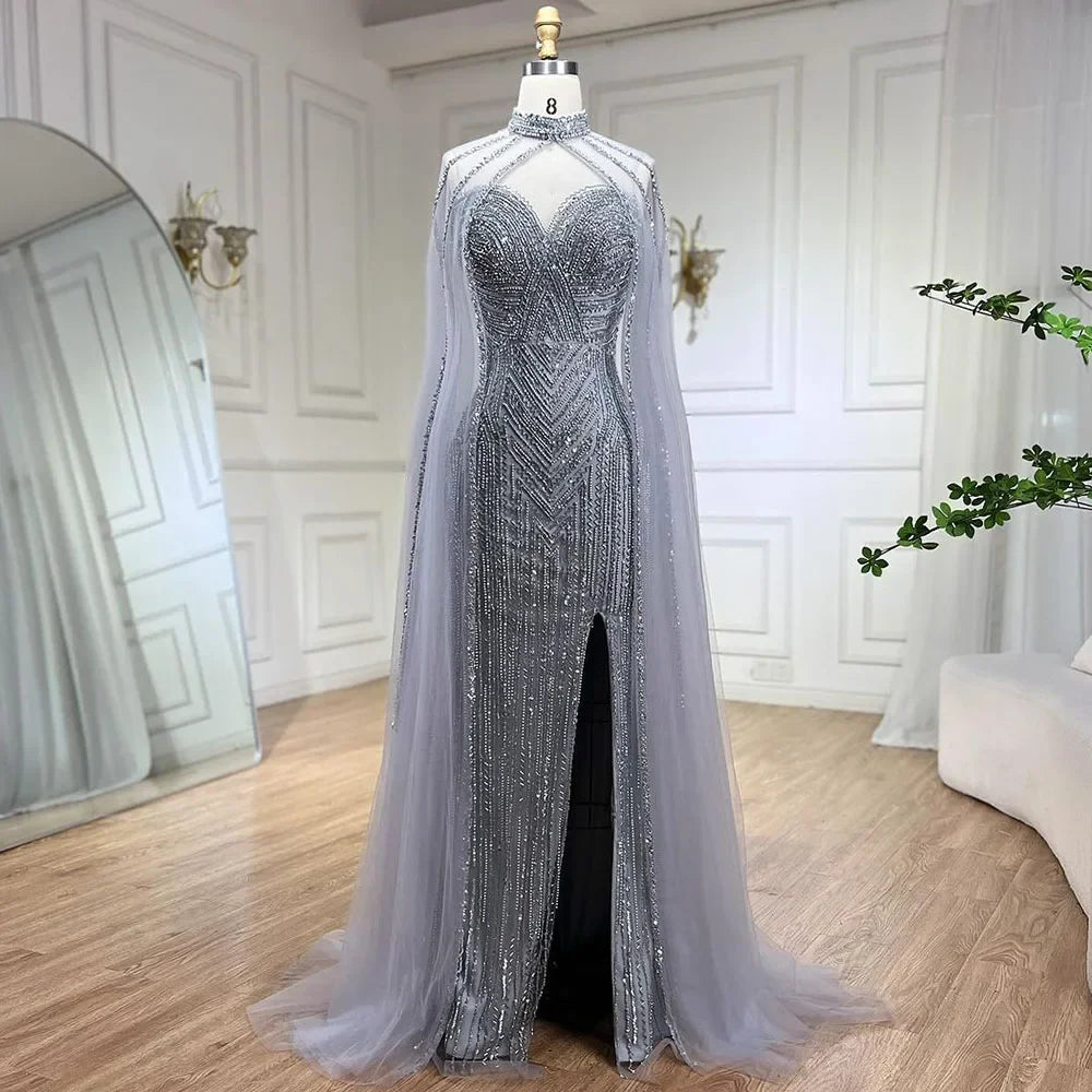 Elegant Beaded Mermaid Evening Gown with Cape Sleeves & High Slit - Serene Hill Caramel Celebrity Party Dress for Women LA72233 | Perfect for Red Carpet Events, Galas & Formal Occasions