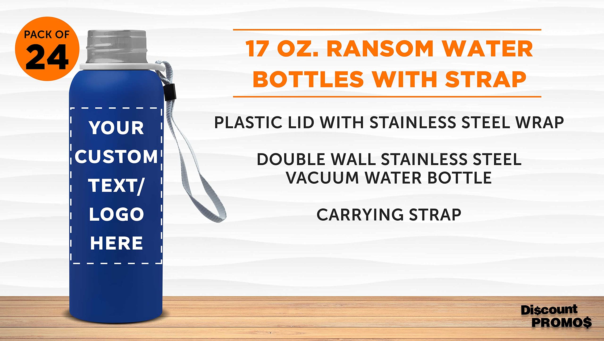 Custom Personalized 17 oz Ransom Water Bottles with Strap - Bulk Pack of 24 - Promotional Giveaways for Events, Business Branding & Corporate Gifts - Perfect for Trade Shows, Team Building & Employee Appreciation - Blue