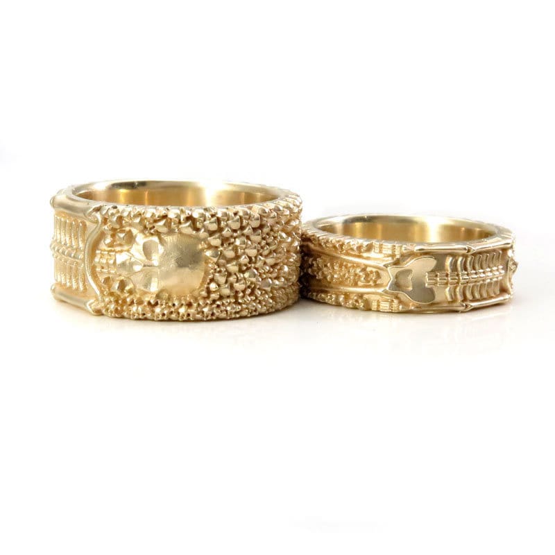 His & Hers Skeleton Wedding Band Set in 14k Gold - Matching Gothic Couple Rings for Halloween, Gothic Weddings & Alternative Lifestyle