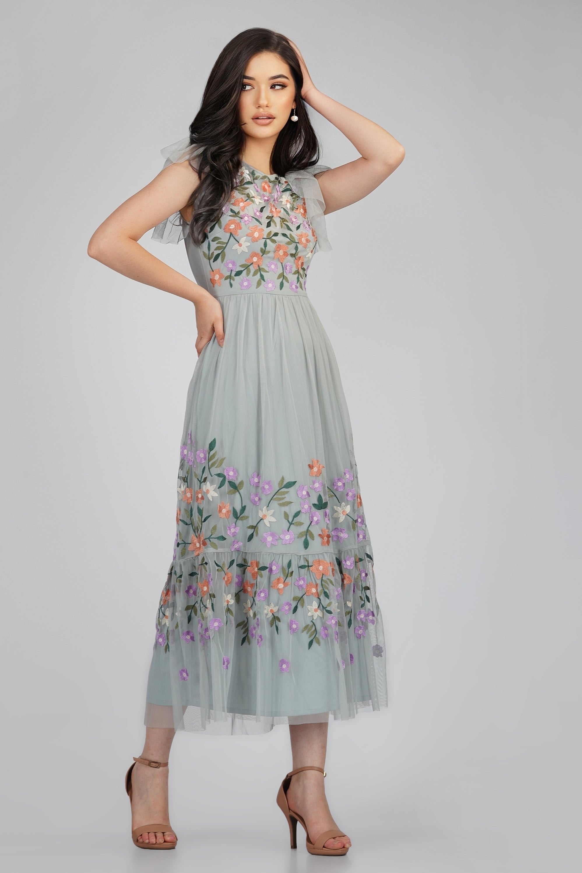Elegant Iris Dusty Blue Embroidered Floral Dress for Women - Perfect for Weddings, Parties & Special Occasions