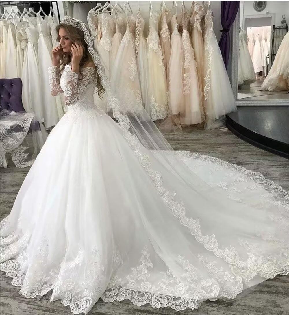 2025 Off Shoulder Long Sleeve A-Line Wedding Dress with Floral Appliques | Elegant Bridal Gown for Church, Beach & Garden Weddings | Women's Formal Evening Gown