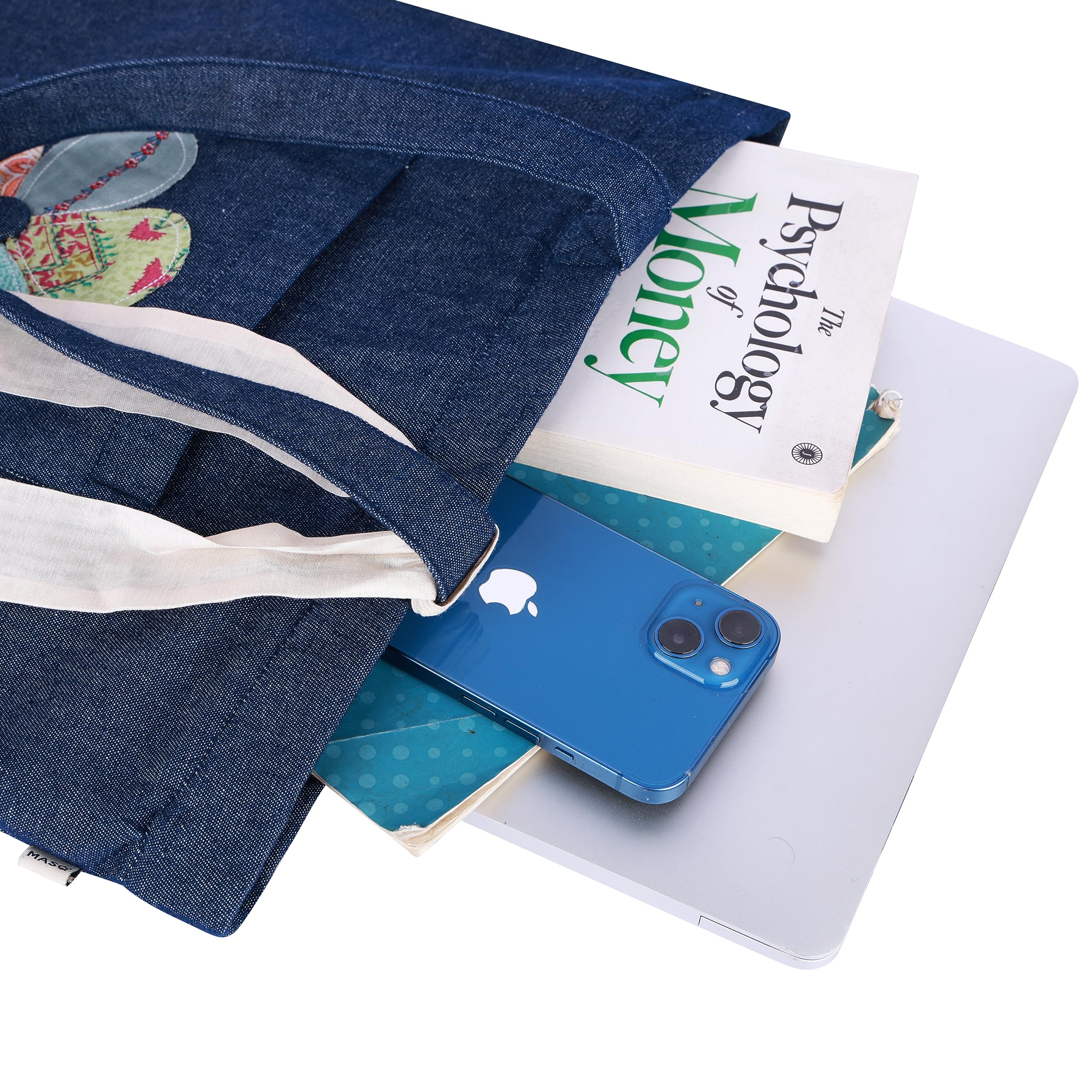 MASQ by Q-One Women's Embroidered Denim Tote Bag with Zipper Closure - 100% Organic Cotton College Bag for Girls, Stylish Travel & Everyday Purse | Perfect Gift for Women, Students & Fashion Lovers | Ideal for School, Shopping, Work & Weekend Outings