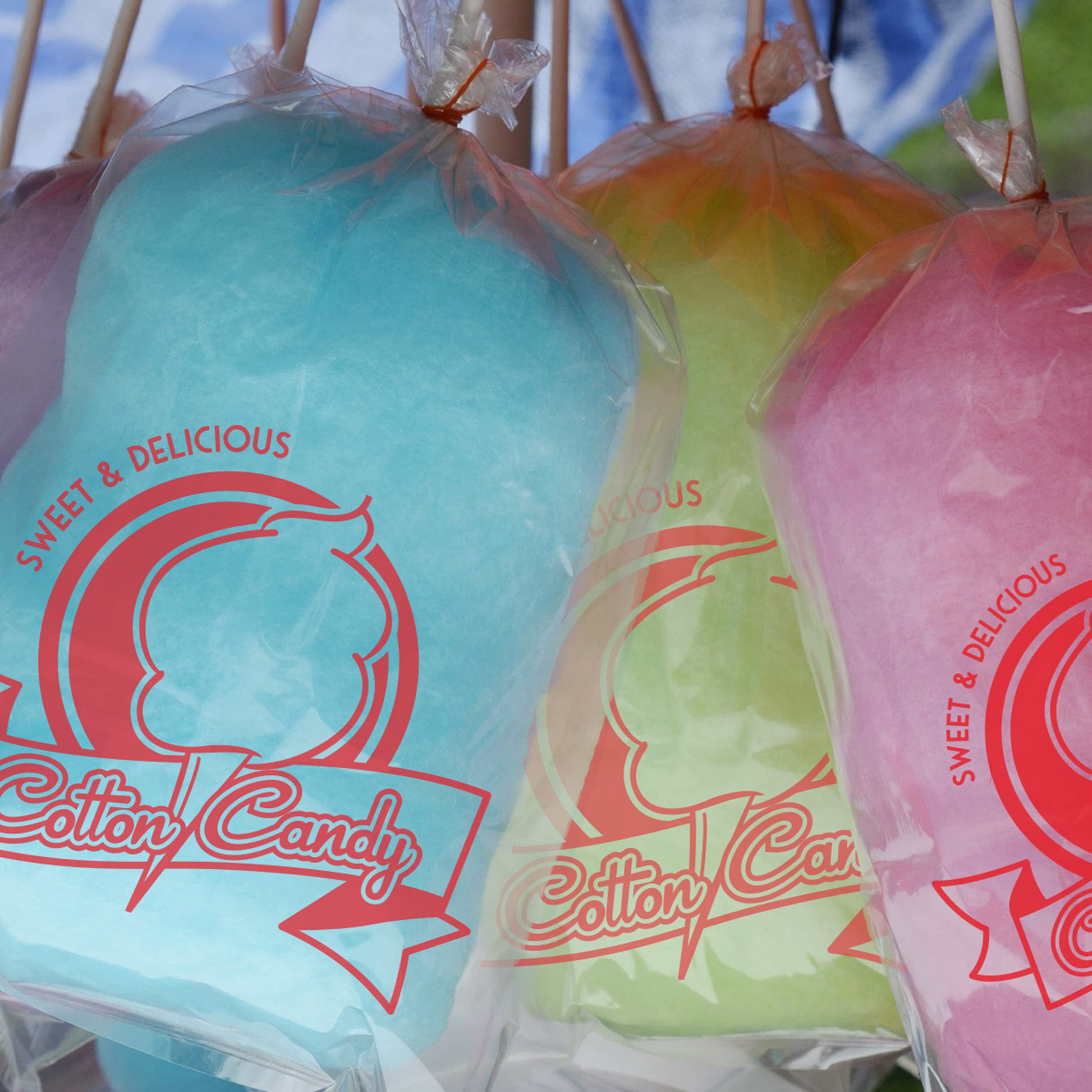 100 Pack Clear Cotton Candy Bags with Ties | 11.5x18.5 Inch Printed Treat Bags for Summer Fairs, Carnivals & Birthday Parties | Bulk Candy Packaging for Concessions, School Events & Fundraisers