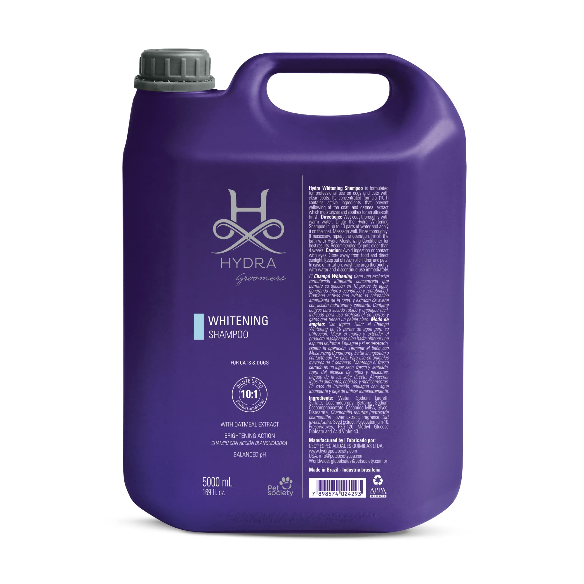 Hydra Professional Whitening Shampoo for Dogs & Cats - Brightening Pet Shampoo for Light-Colored Fur, Eliminates Yellow Stains & Discoloration, 169 fl.oz - Perfect for Show Grooming & Daily Pet Care