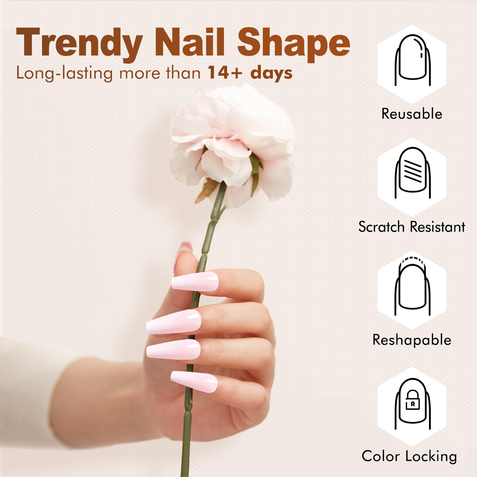 Long Coffin Press On Nails - Semi-Transparent Pink Blush Fake Nails with Glue & Jellied Gel, Reusable 24-Piece Kit (12 Sizes) for Women | Perfect for Parties, Weddings, and Everyday Glam