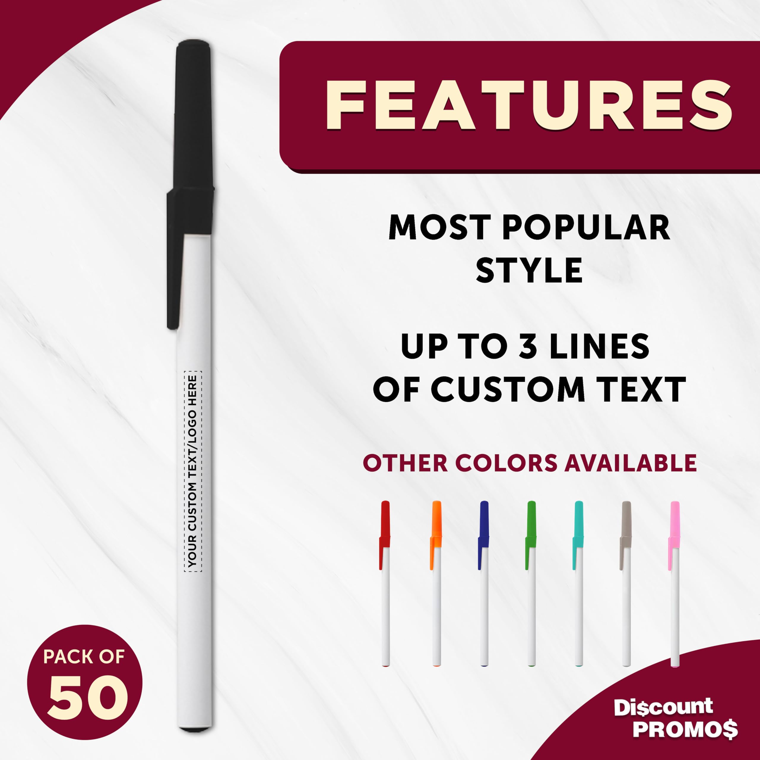Custom Value Stick Pens - Bulk Pack of 50, Personalized Black Ink Pens for Office, School & Business | Promotional Giveaways for Tradeshows, Events & Corporate Gifts | DISCOUNT PROMOS