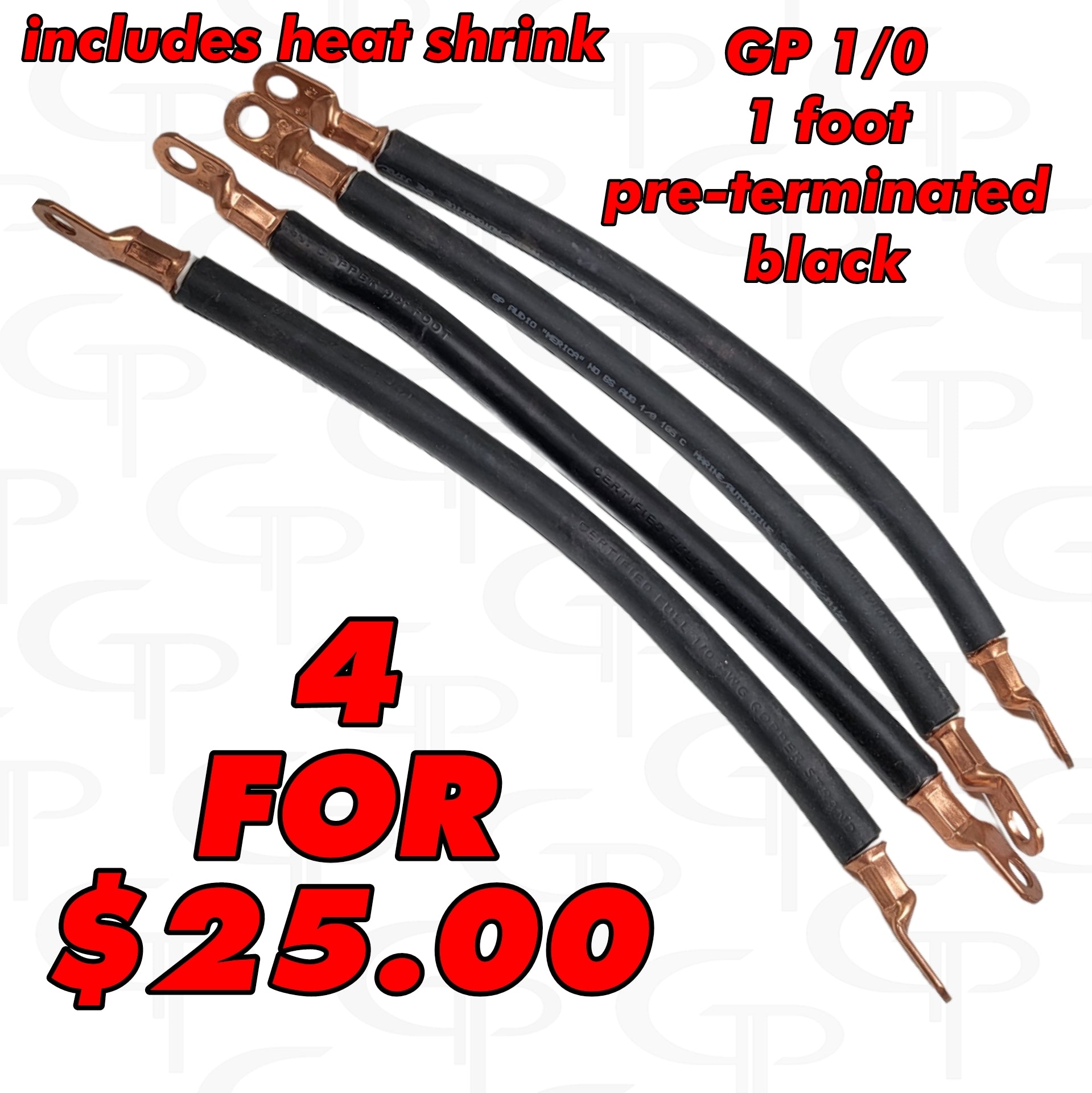 4 for $25: 1 Ft BLACK GP OFHC 1/0 Preterminated Battery Cable - Perfect for Car Audio, Solar Power, and Marine Electrical Systems