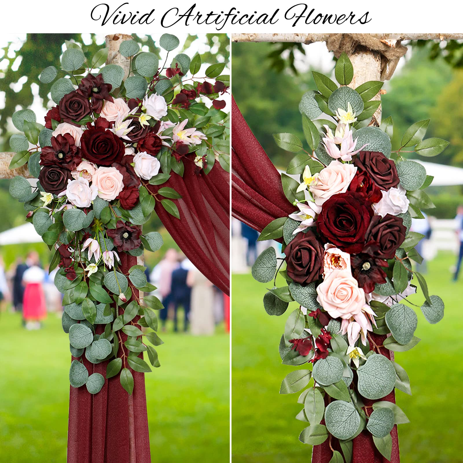 Ponatia Burgundy Wedding Arch Flowers Kit - 3 Pack with 26Ft Shiny Fabric for Ceremony & Reception Backdrop (Burgundy & Blush) | Artificial Floral Arrangement for Wedding Decor, Party Decoration, and Photo Booth Background