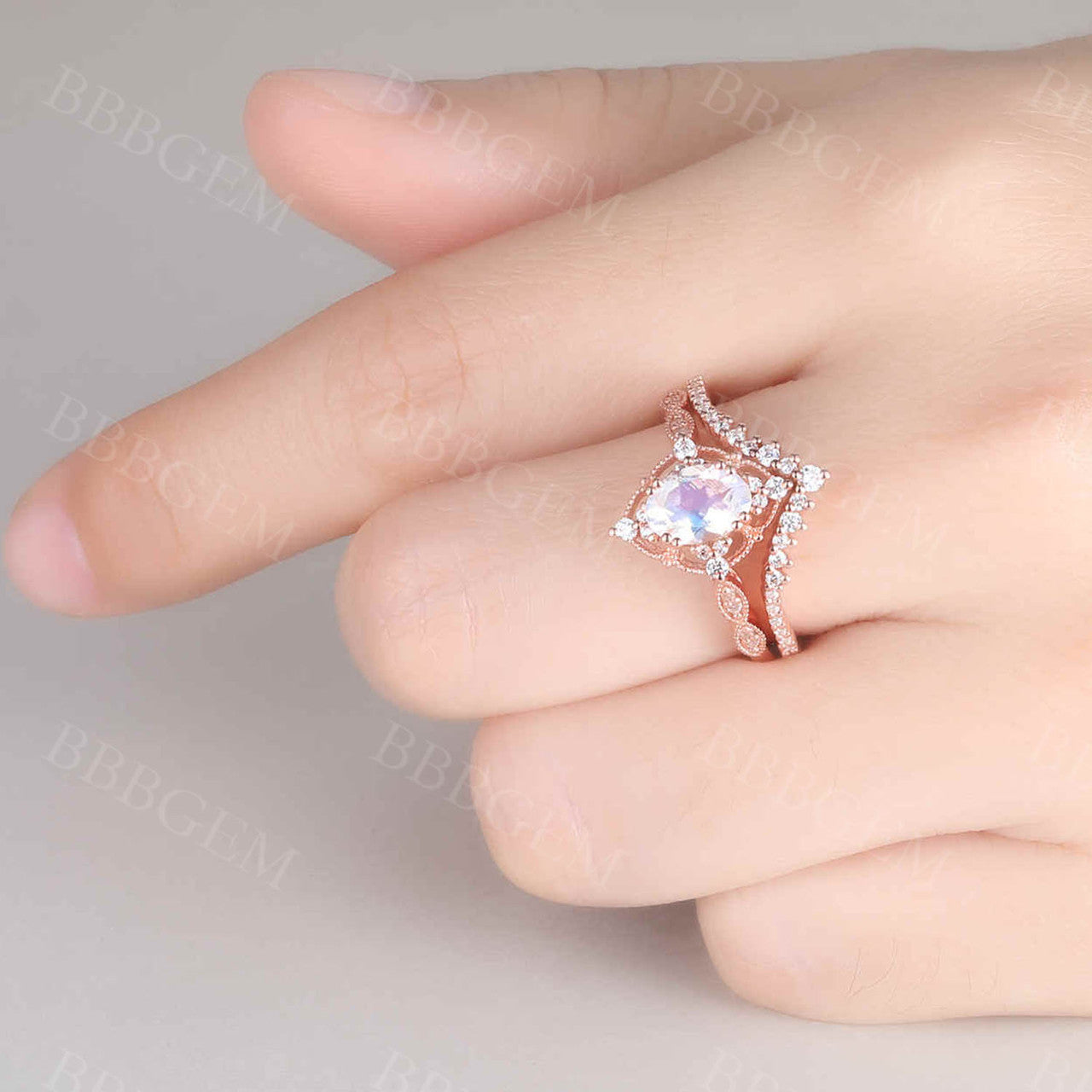 Antique Art Deco Moonstone Engagement Ring Set in Rose Gold - Oval Faceted Moonstone with Milgrain Detailing for Bridal & Wedding Jewelry | Perfect for Vintage-Inspired Proposals & Anniversary Gifts