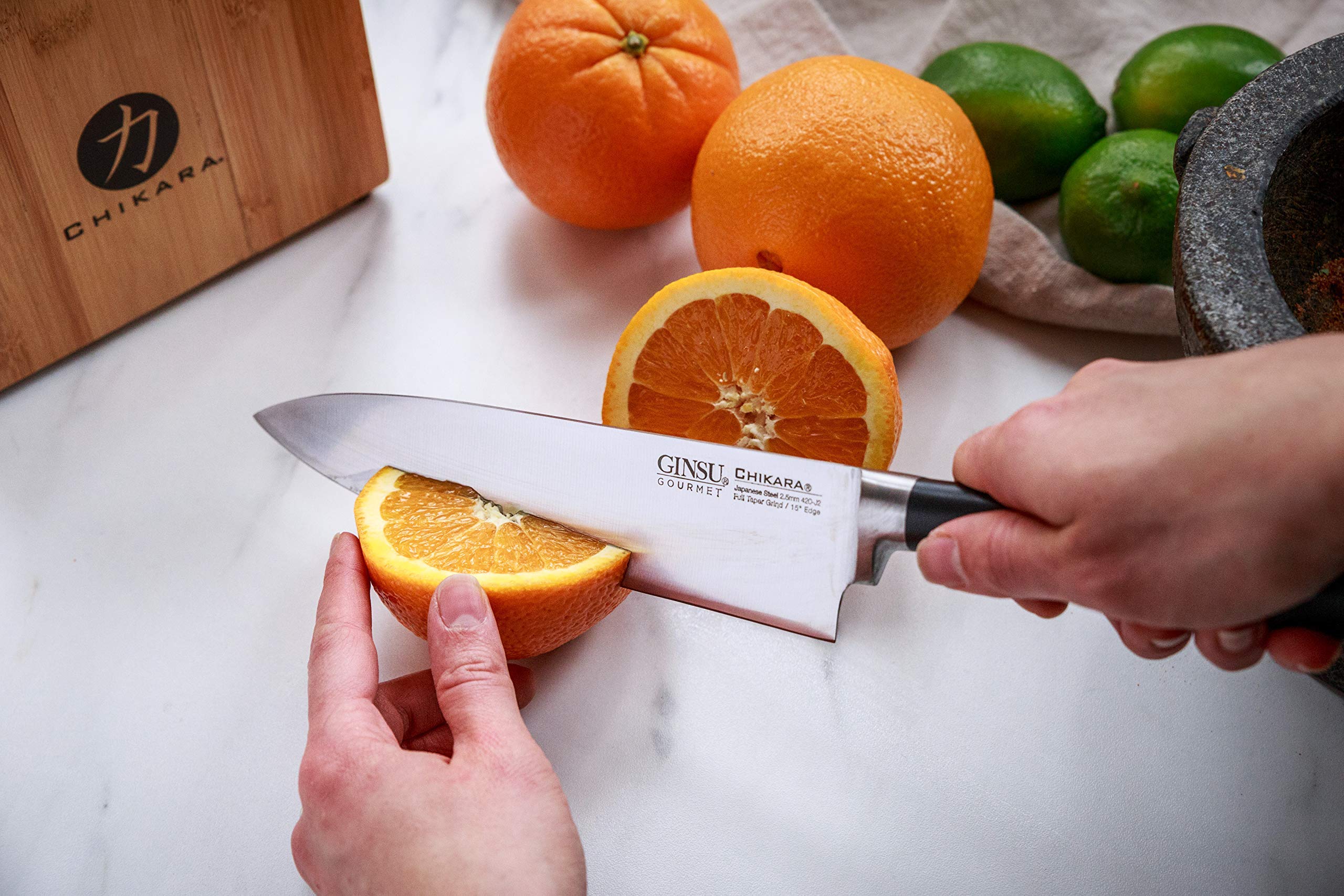Ginsu Chikara Series Forged 12-Piece Japanese Knife Set - Premium 420J Stainless Steel Kitchen Knives with Toffee Bamboo Block | Professional Chef Knives for Cooking, Slicing, Dicing | Perfect for Home Chefs & Culinary Enthusiasts