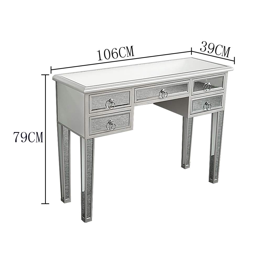 5-Drawer Mirrored Console Table with Antique Silver Finish - Elegant Entryway Sofa Table with Mirror Top for Hallway, Living Room & Bedroom Decor