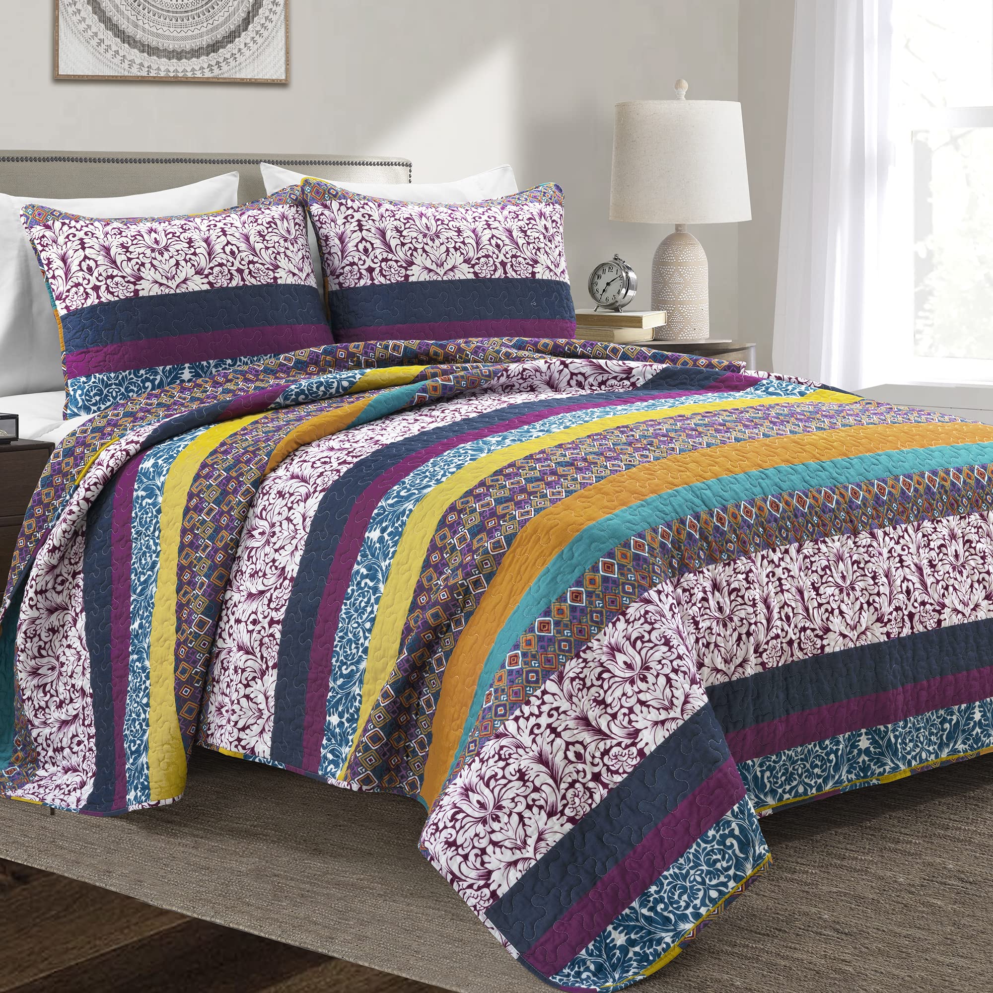 Lush Decor Boho Stripe Reversible Cotton Quilt 3-Piece Set | Full/Queen Size | Plum & Yellow Bohemian Bedding | Soft & Breathable Cotton | Perfect for Guest Rooms, Dorms & Bohemian Bedroom Decor