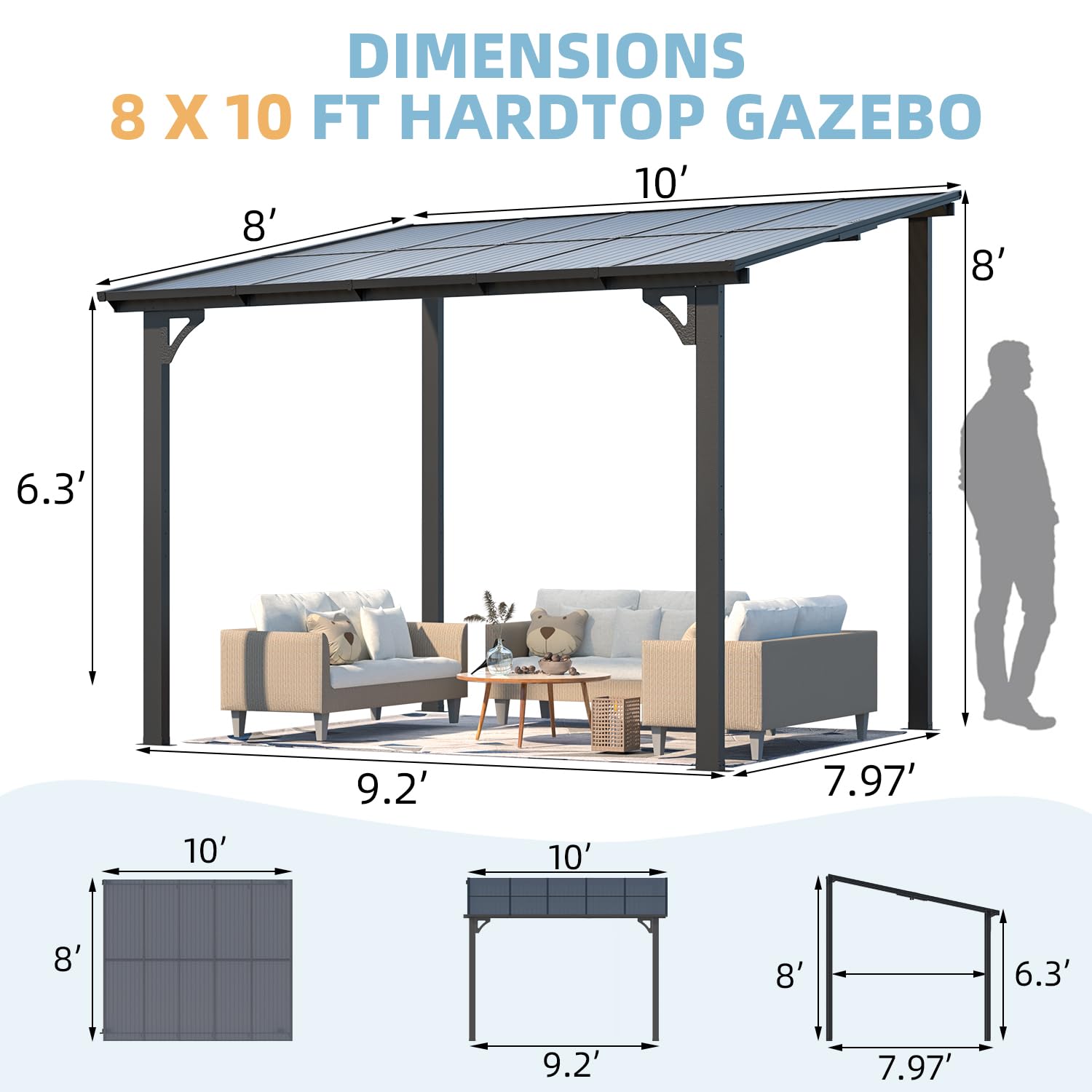 AECOJOY 10' x 8' Hardtop Wall-Mounted Gazebo Pergola with Roof - 80 Sq.Ft Shaded Outdoor Canopy for Patio, Deck, Backyard - Heavy Duty Weatherproof Lean-to Awning for Garden, BBQ, and Outdoor Relaxation