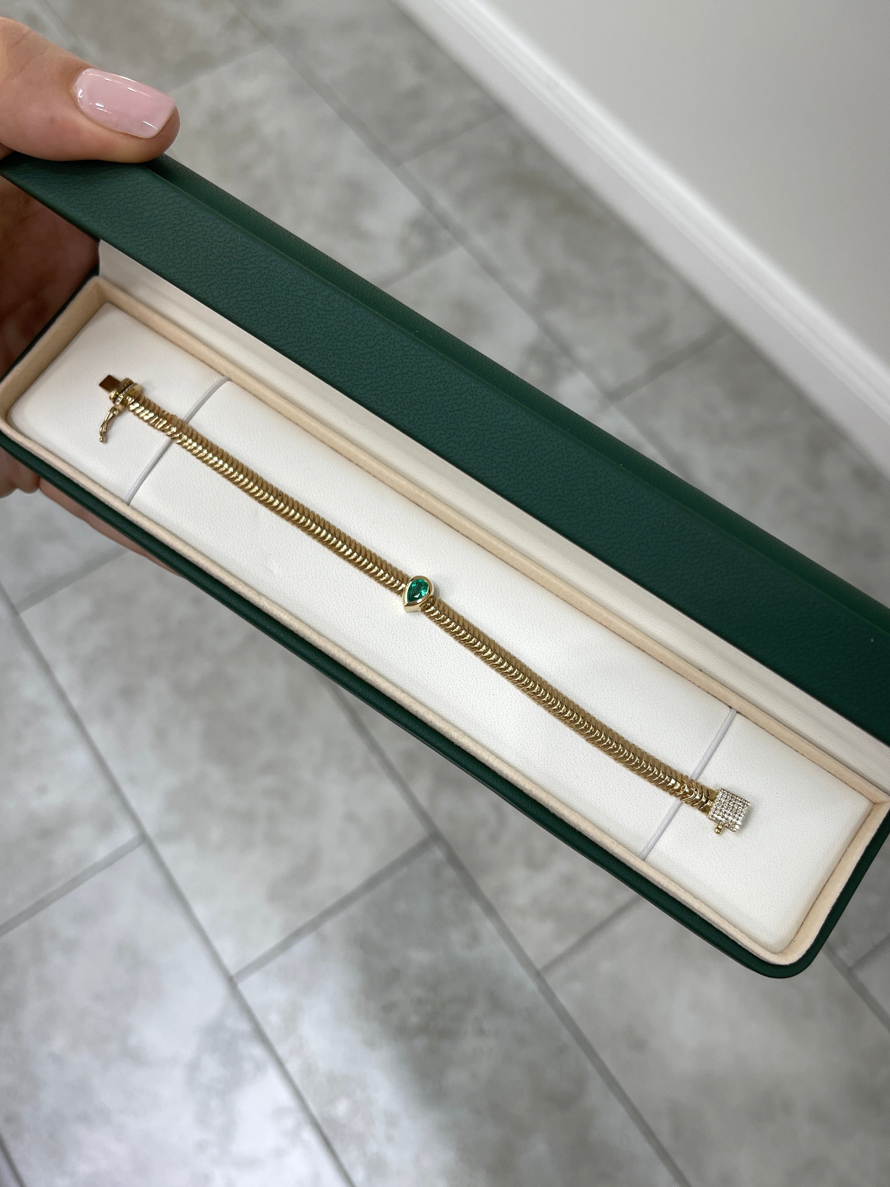 14K Gold Teardrop Emerald & Diamond Snake Chain Bracelet - Elegant Fine Jewelry for Women, 6.5 Inch Adjustable, Perfect for Weddings, Parties & Special Occasions