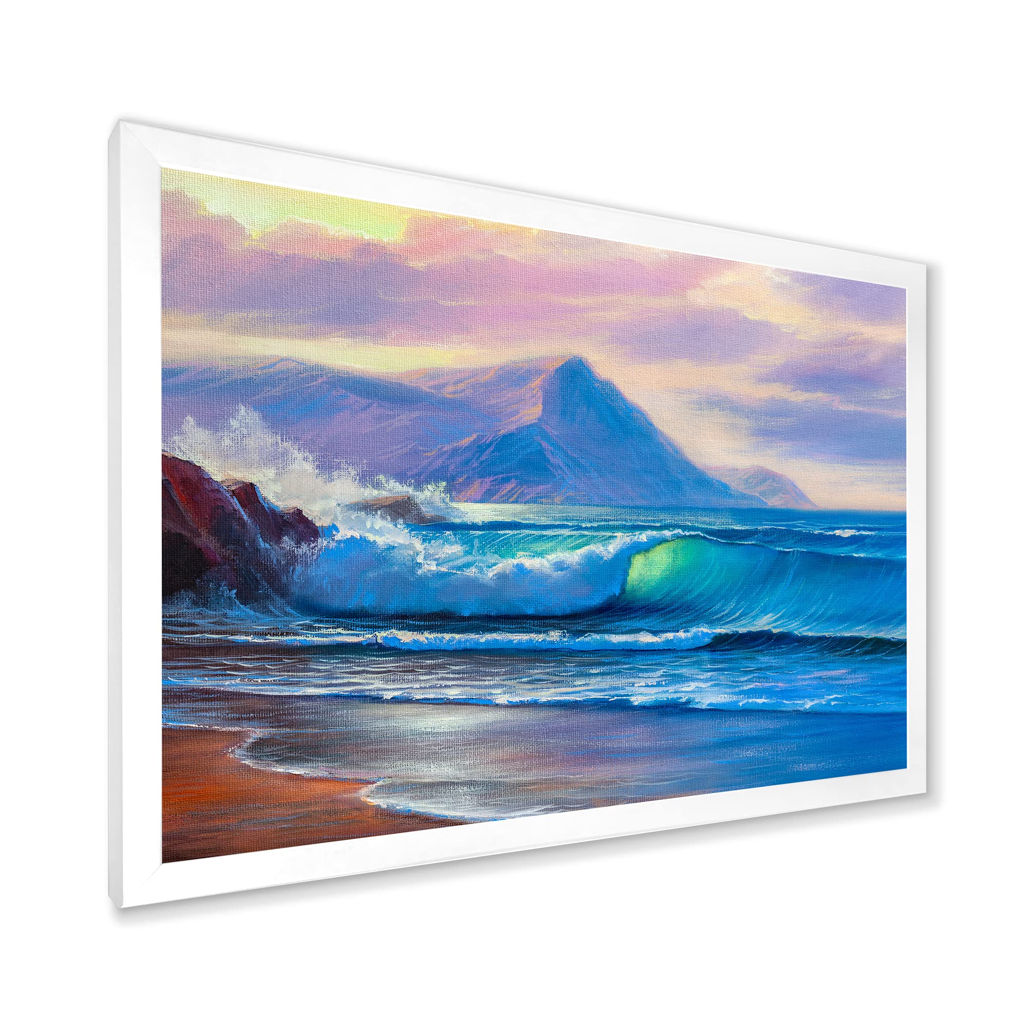 DesignQ Blue Waves Breaking At The Beach - Coastal Framed Wall Art Decor for Living Room, Bedroom & Office | Nautical Home Decor