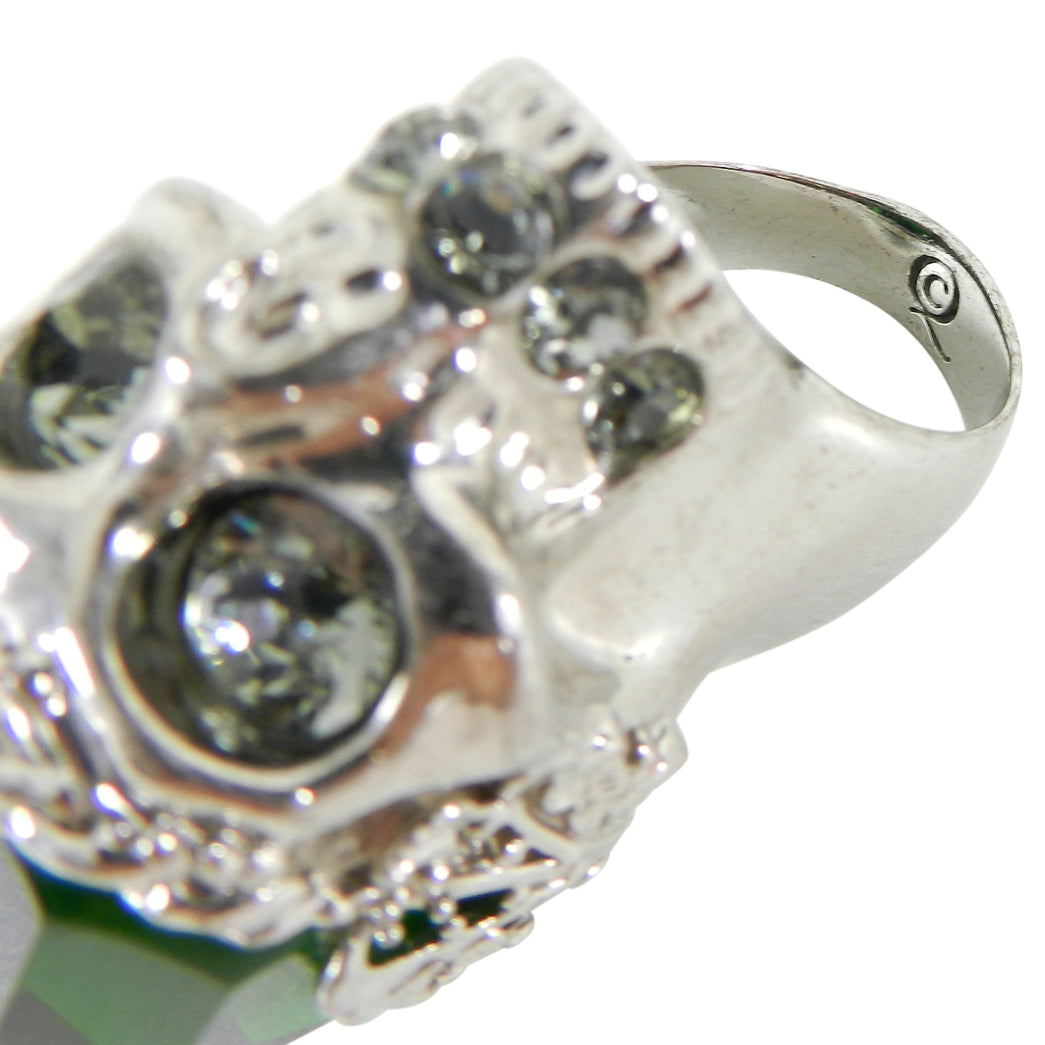 Alexander McQueen Green Faceted Glass Skull Statement Ring for Women - Gothic Jewelry, Luxury Fashion Accessory for Parties, Halloween & Special Occasions