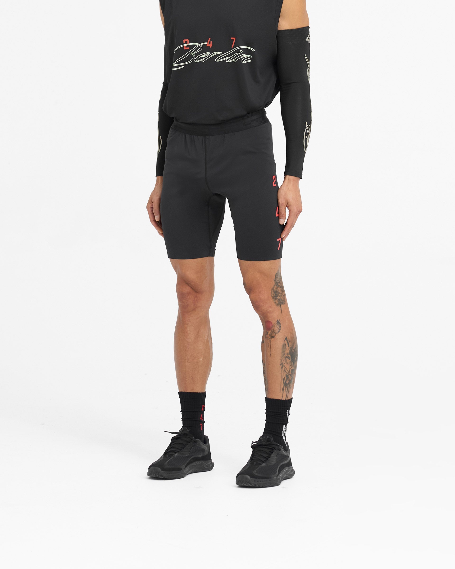 247 Berlin Half Tight Running Shorts for Men - Jet Black - Compression Workout Shorts for Gym, Jogging & Training