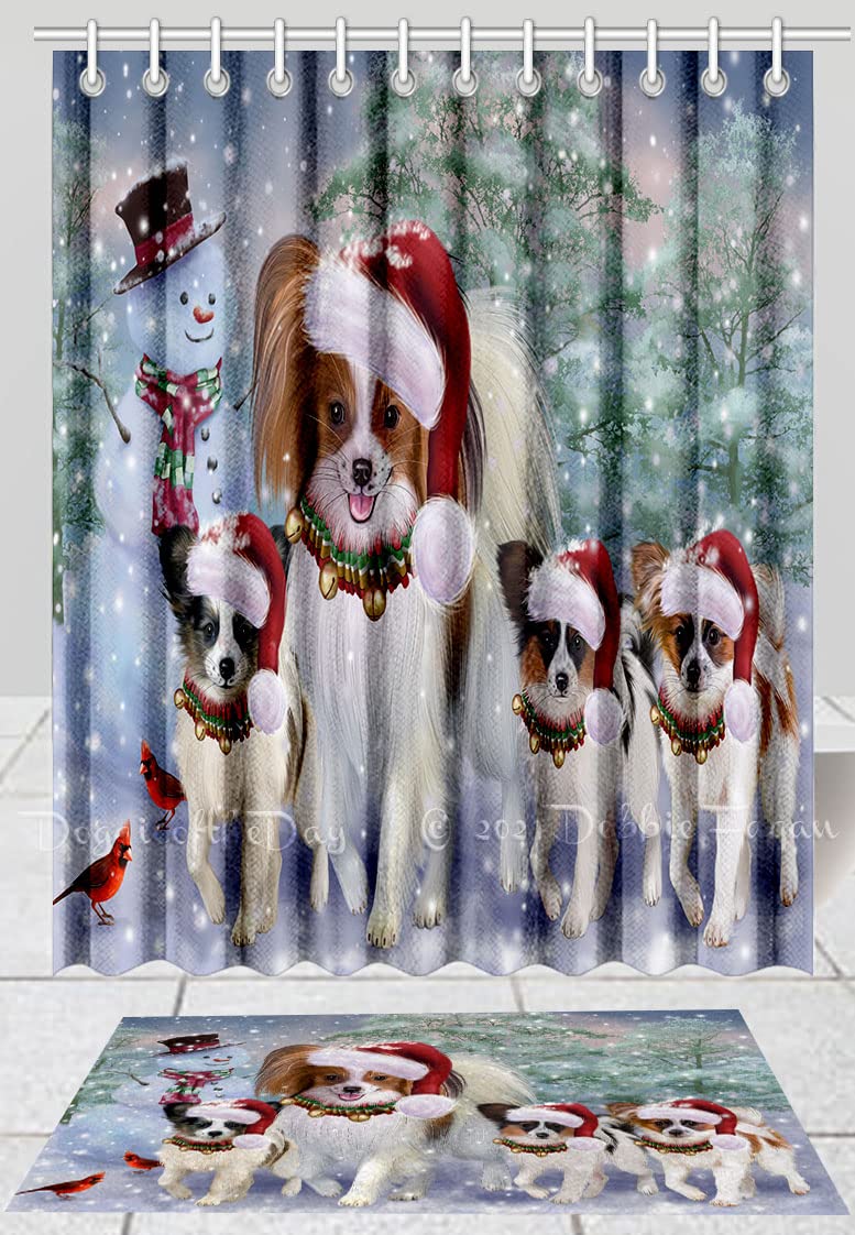 Christmas Themed Running Family Papillon Dogs Shower Curtain & Bath Mat Set - Plush Polyester Bathroom Decor with Hooks (Mat 16x28 inches, Curtain 69x70 inches) - Perfect for Holiday Bathroom Decorations and Dog Lover Gifts