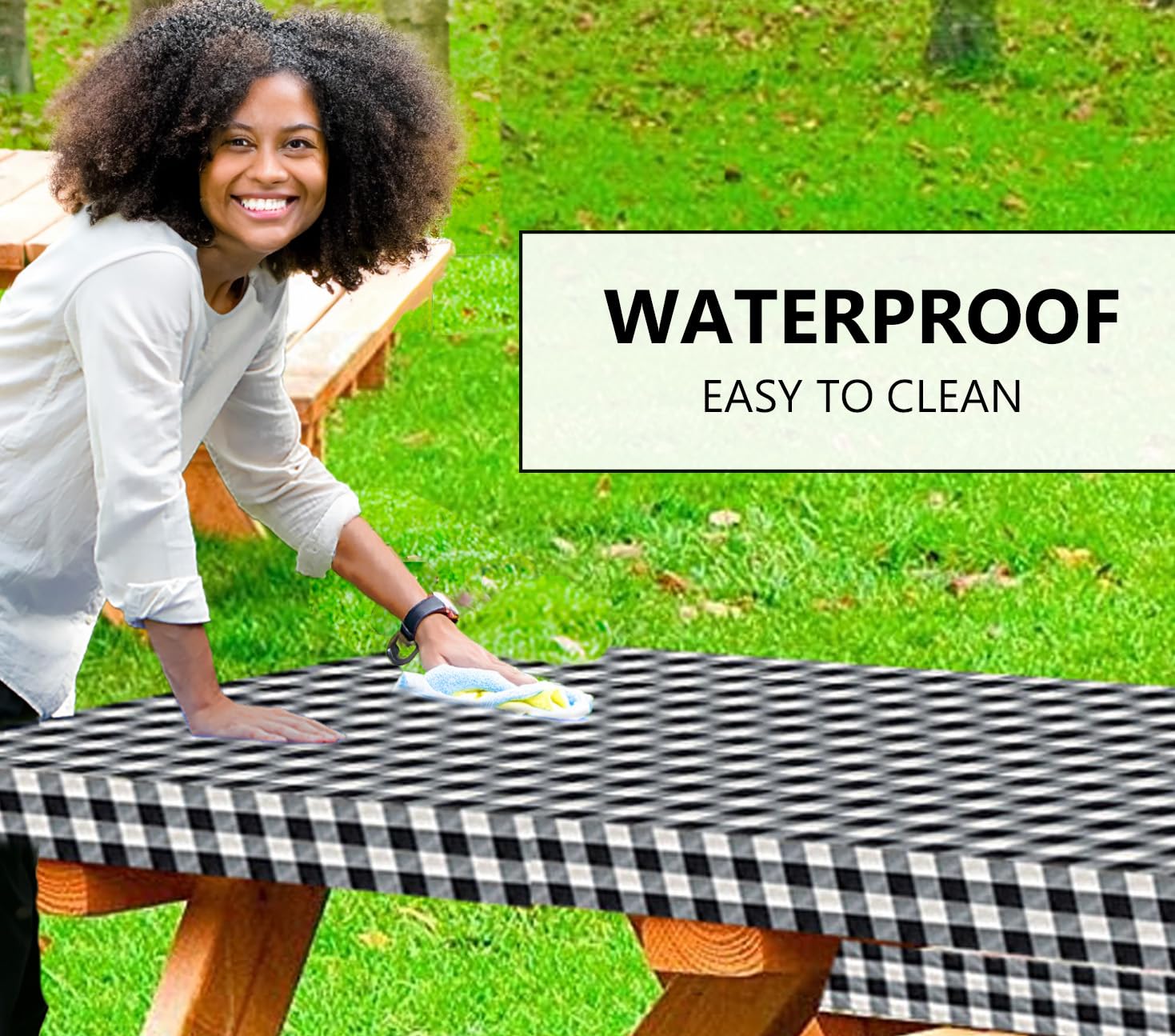 LINPRO Waterproof Vinyl Picnic Table Cover with Bench Covers - Elastic Fitted Camping Tablecloth for Outdoor Dining, BBQs, and Picnics