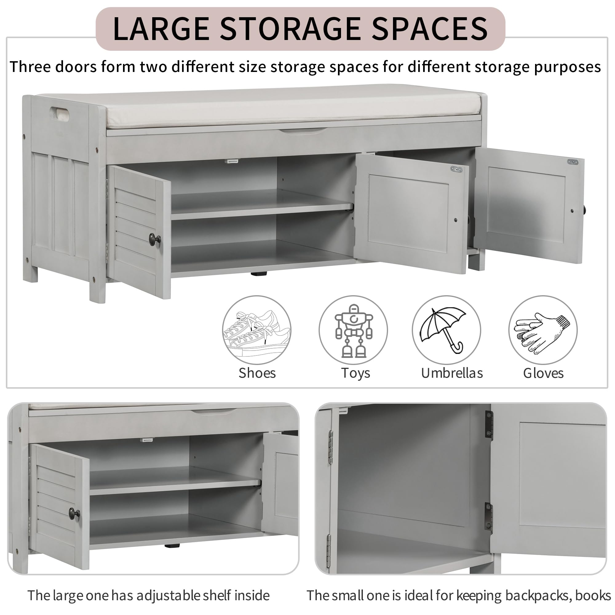 Merax 3 Shutter-Shaped Door Shoe Bench with Removable Cushion & Hidden Storage Cabinet - Gray Wash | Entryway Organizer for Shoes, Hats & Accessories | Perfect for Hallway, Mudroom or Bedroom Storage Solution